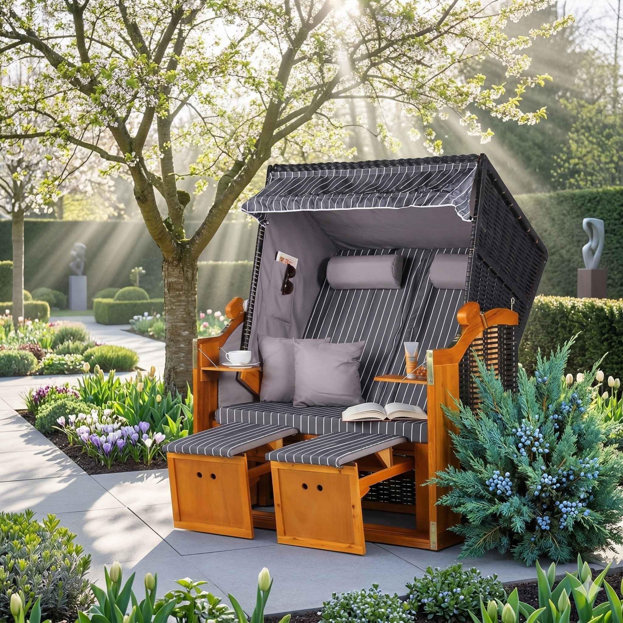 MR. DEKO® Chaise de plage 2 places en polyrotin - 2 places - Anthracite - Meubles de jardin en polyrotin dur - Panier soleil confortable pour terrasse et balcon - Avec 2 tables pliantes et coussins