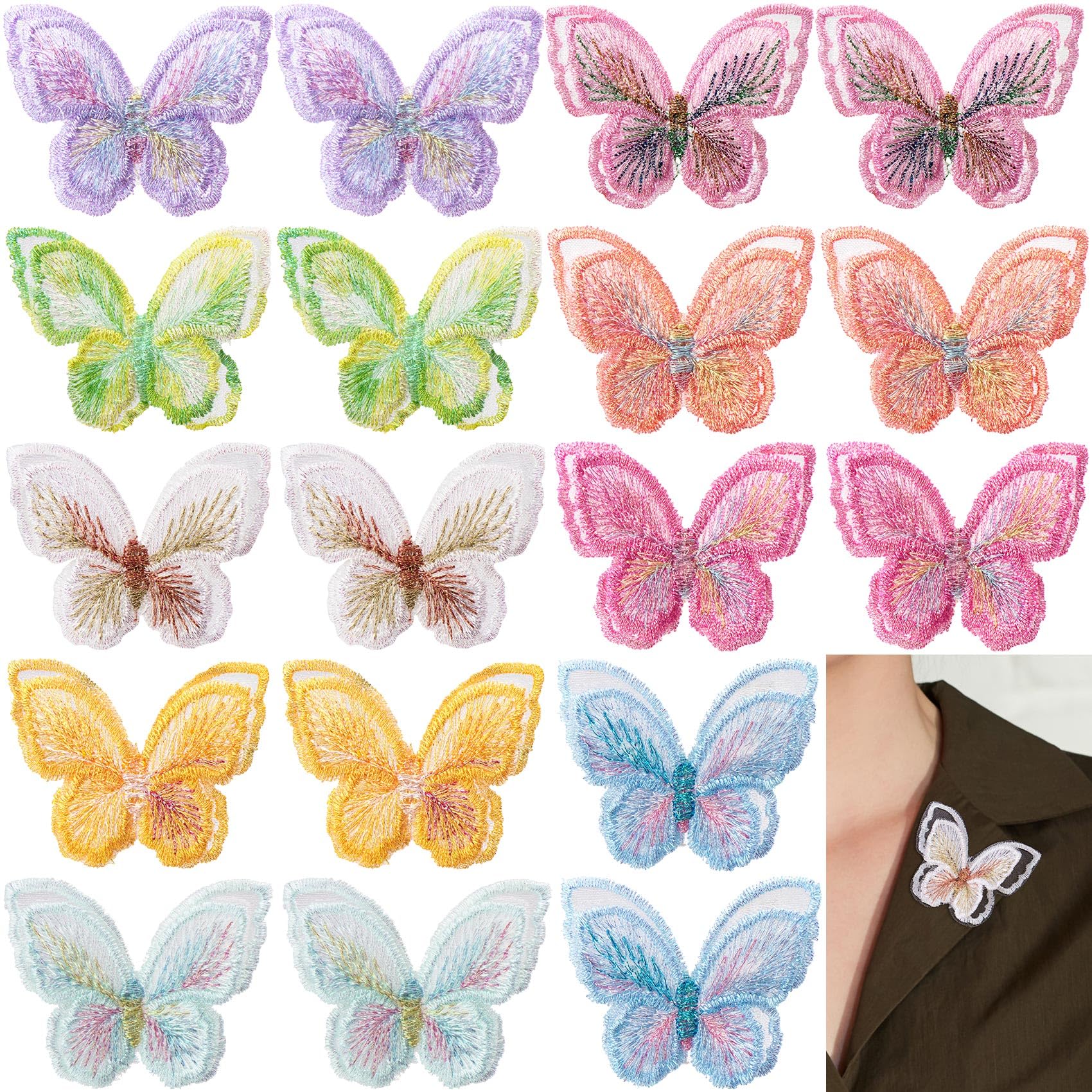HINZIC 18PCS Colorful Butterfly Lace Patches 9 Colors Double Layer Organza Appliques Butterfly Sew On Embroidery for Craft Wedding Dress Bride Clothes Curtain Hair Accessories
