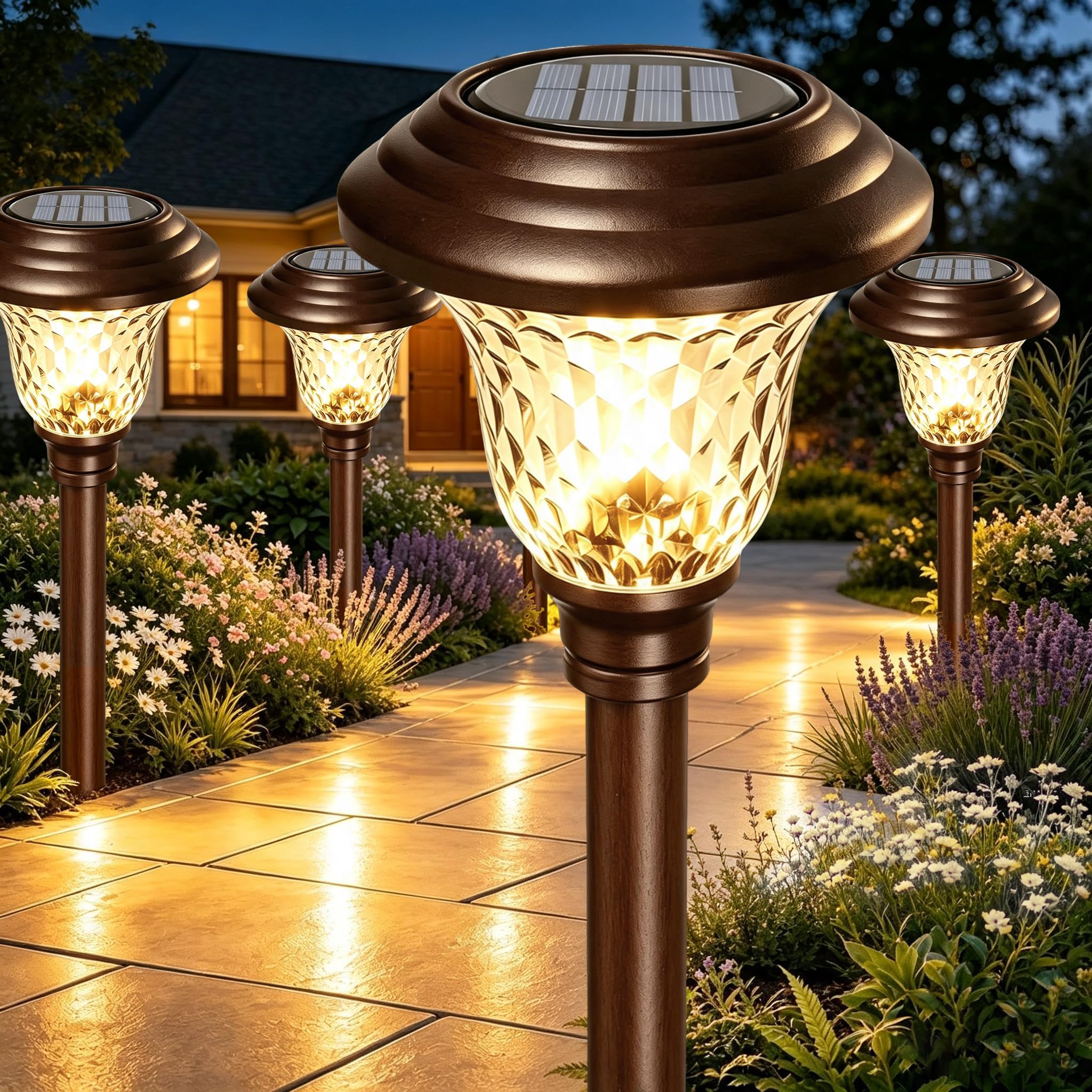 BEAU JARDIN 8 Pack Solar Lights Bright Pathway Outdoor Garden Stake Glass Stainless Steel Waterproof Auto On/Off White Wireless Sun Powered Landscape Lighting for Yard Patio Walkway Spike Bronze