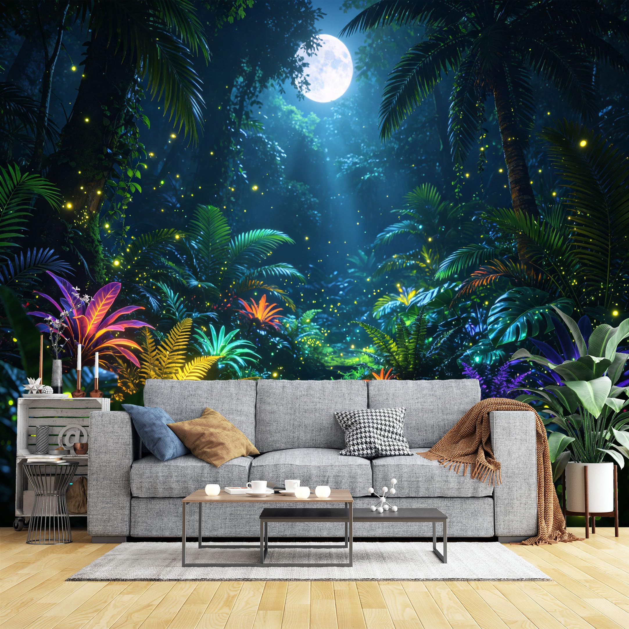 Lcythiazole Ch260604170 Custom Size Wall Murals Moonlit Glowing Tropical Rainforest Wall Murals Night Nature Wallpaper Large Photo Wallpaper Self-Adhesive Removable Wallpaper For Living Room