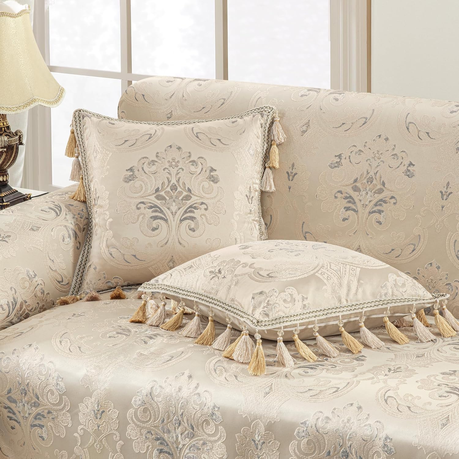 Loom and Mill Luxury Throw Pillow Cover 20 x 20 Inches 1 Piece, Jacquard Decorative Square Pillow Cover European Pillowcase with Lace Edge and Tassels for Bed Couch Sofa Car Home Decor, Light Apricot