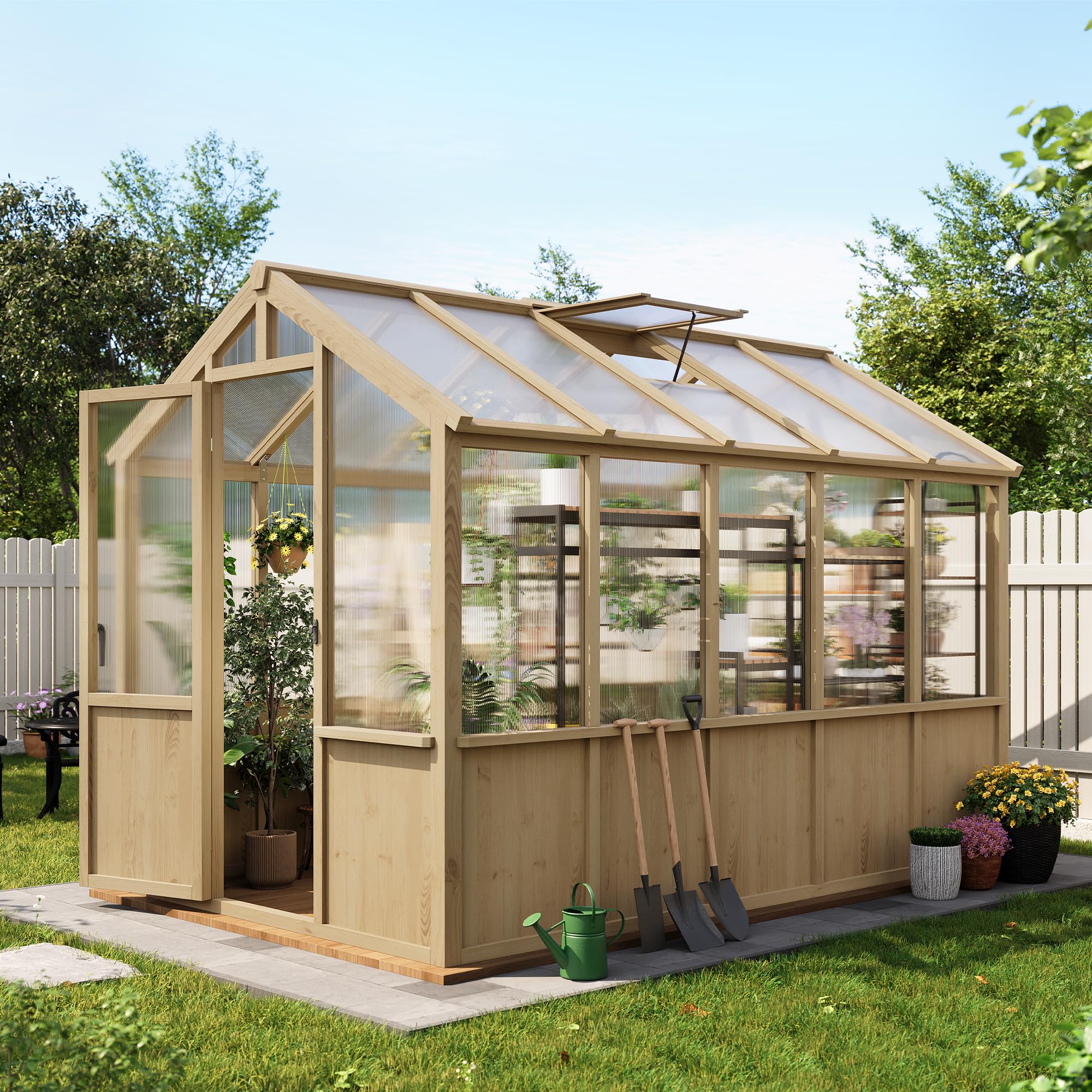 Photo 1 of 6x10 FT Greenhouse - Large Wooden Greenhouses for Outdoors, Heavy Duty Spruce Frame Greenhouse with PC Panels, Adjustable Roof Vents & Lockable Door, Walk-in Green Houses for Garden, Backyard, Patio