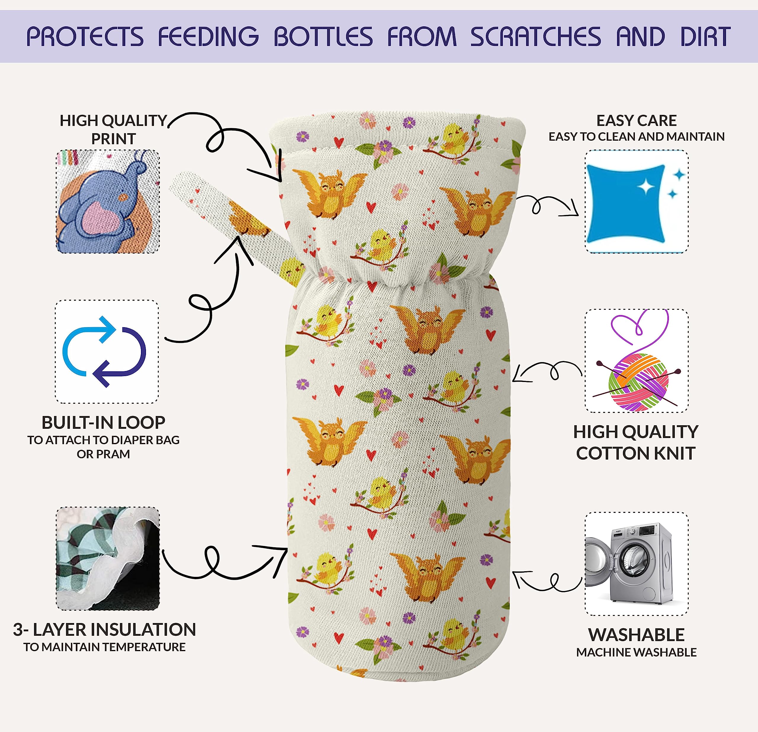 Novo Baby Cotton Soft Plush Baby Bottle Feeding Cover Tote Modern Bag Carrier Bag Bottle Cover with Strap Pack of 2 (Sleepy)