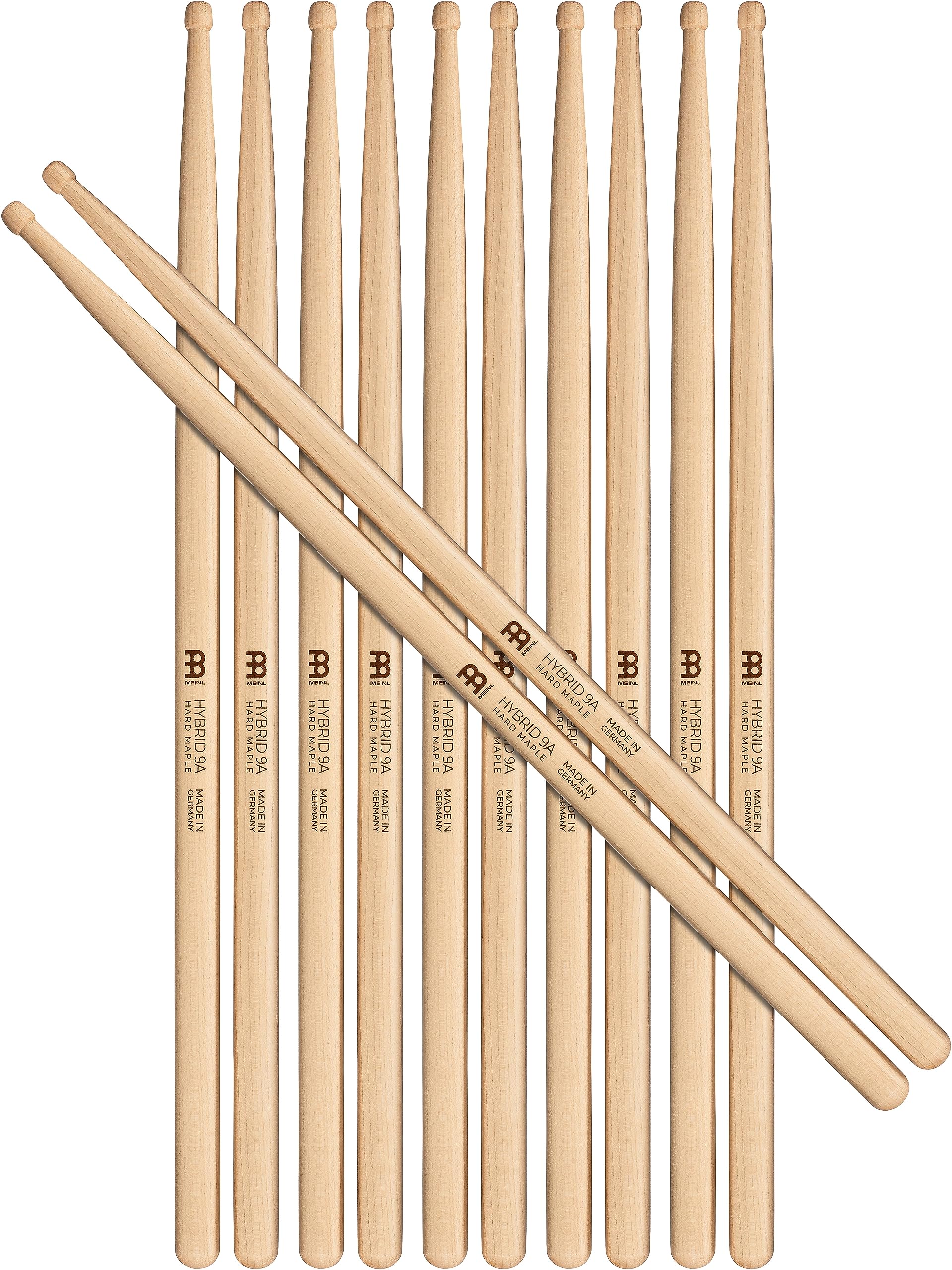 Hard Drumsticks, Hybrid 9A Half Brick (6 Pairs, 5 Plus 1 Free) — North American Maple with Acorn/Barrel Shape Wood Tip — Made in Germany (SB137-6)