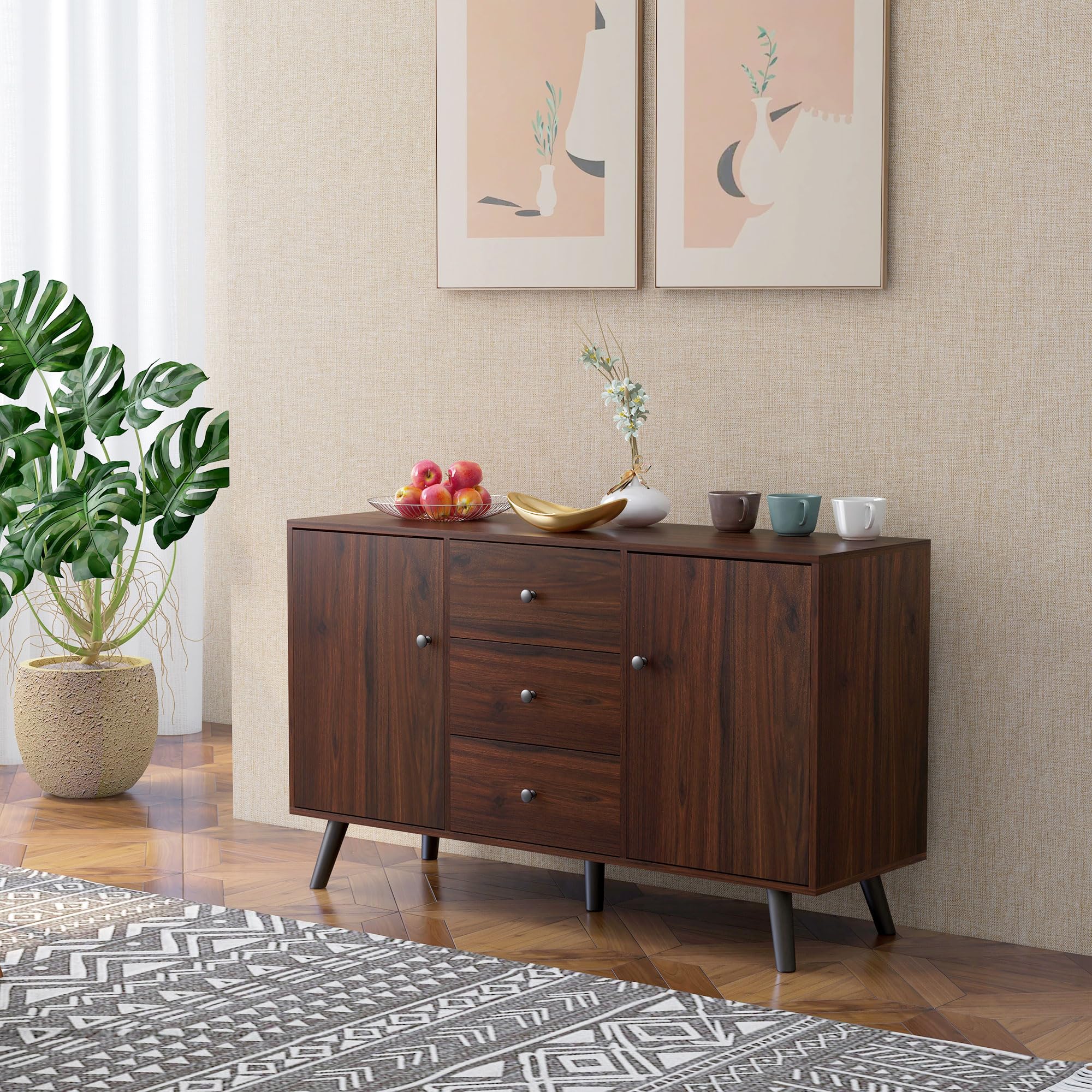 HOMCOM Credenza Moderna con 2 Armadietti e 3 Cassetti, Marrone e Nero | per Soggiorno, Sala da Pranzo e Ingresso in Legno e Truciolato, Mobile Contenitore, 127x40x76 cm