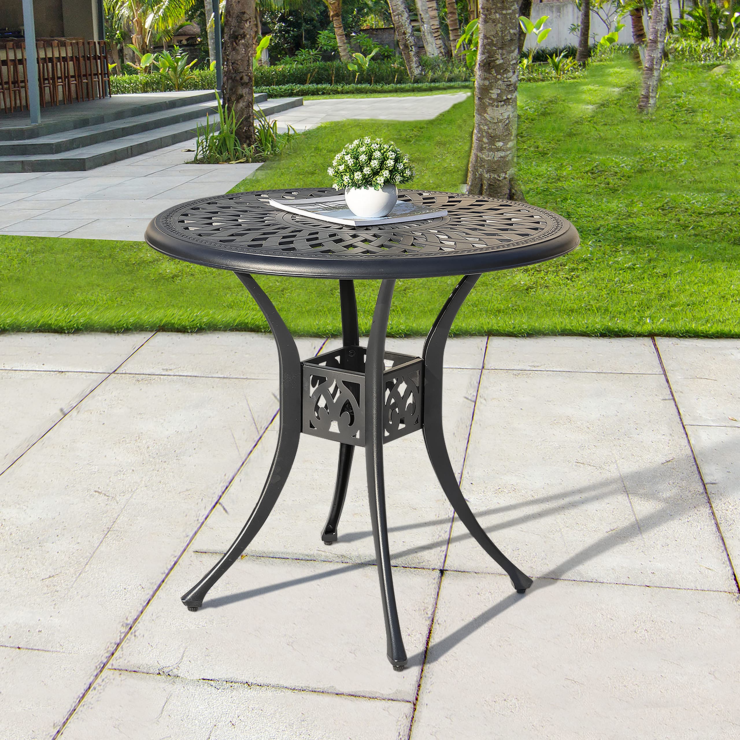 NUU GARDEN 30" Round Patio Bistro Table, Cast Aluminum Round Outdoor Bistro Table with Ice Bucket Function and Umbrella Hole for Poolside, Deck, Backyard, Balcony, Black with Gold Point