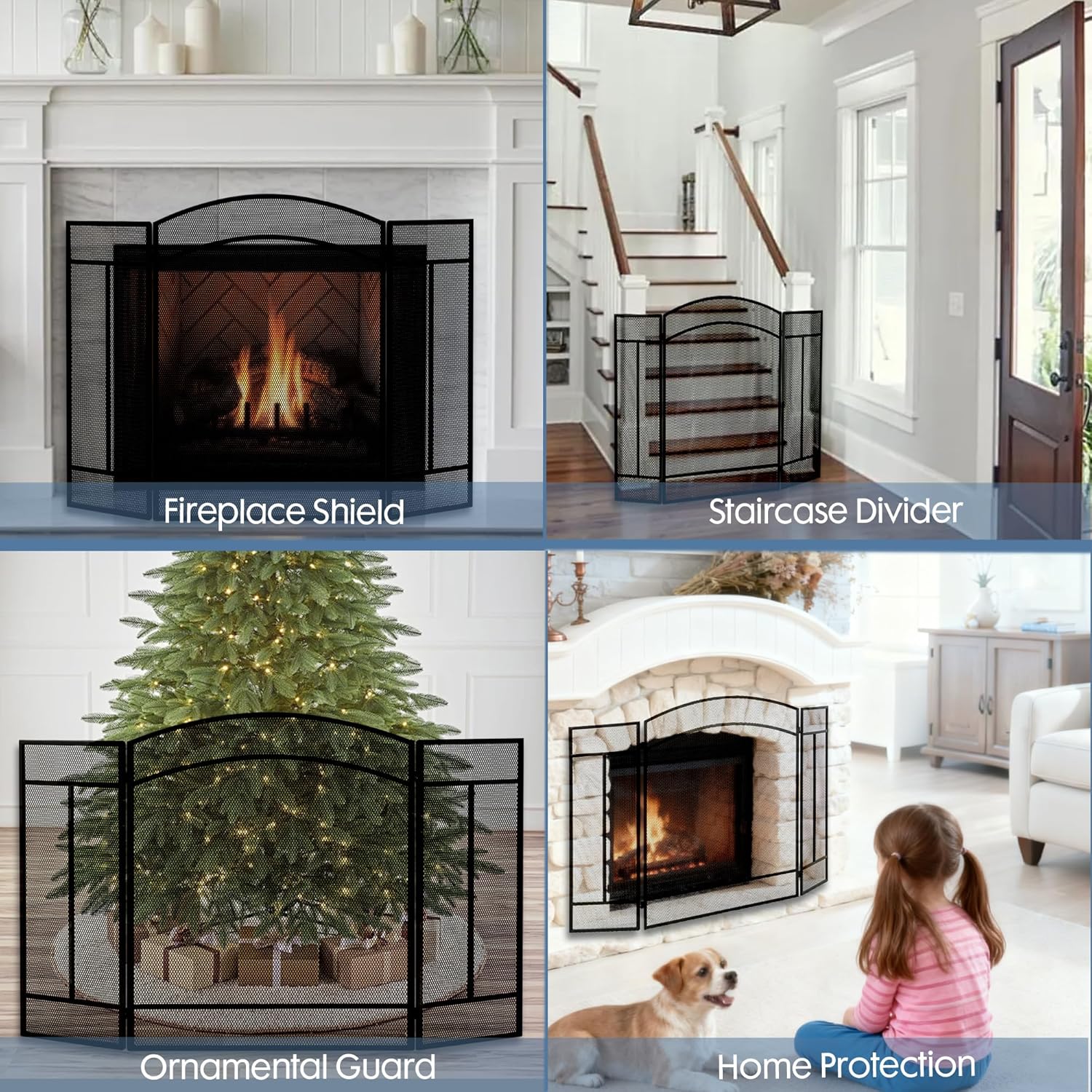 DUMOS 3 Panel Fireplace Screen with Hinged Doors, 48.2"(L) x 28.7"(H) Spark Guard Cover, Wrought Iron Metal Safety Gate for Fireplace and Living Room, Black