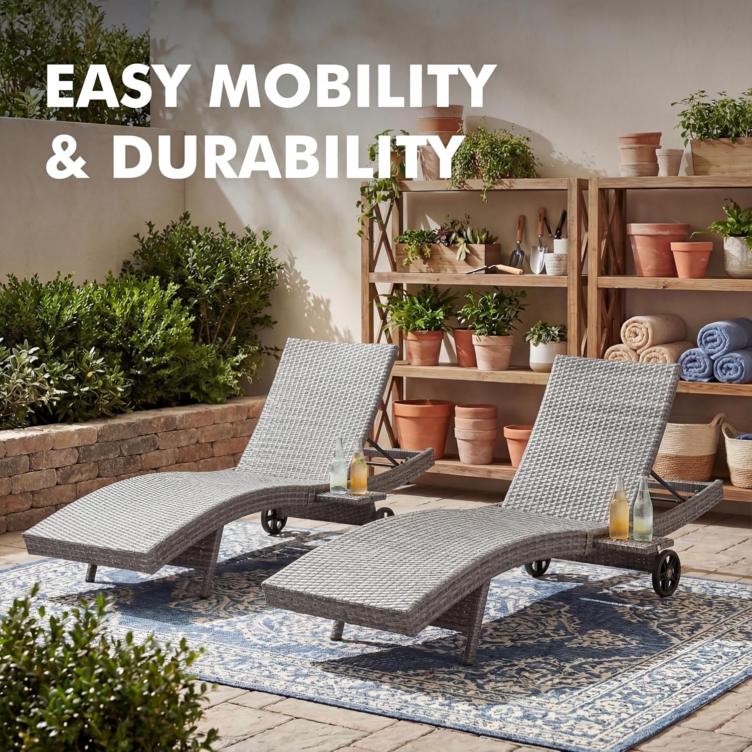 80'' Outdoor Wicker Chaise Lounge Chairs Set of 2, Patio Rattan Reclining Chair with Rolling Wheels, Pull-Out Side Table, Adjustable Backrest for Poolside, Backyard, Grey