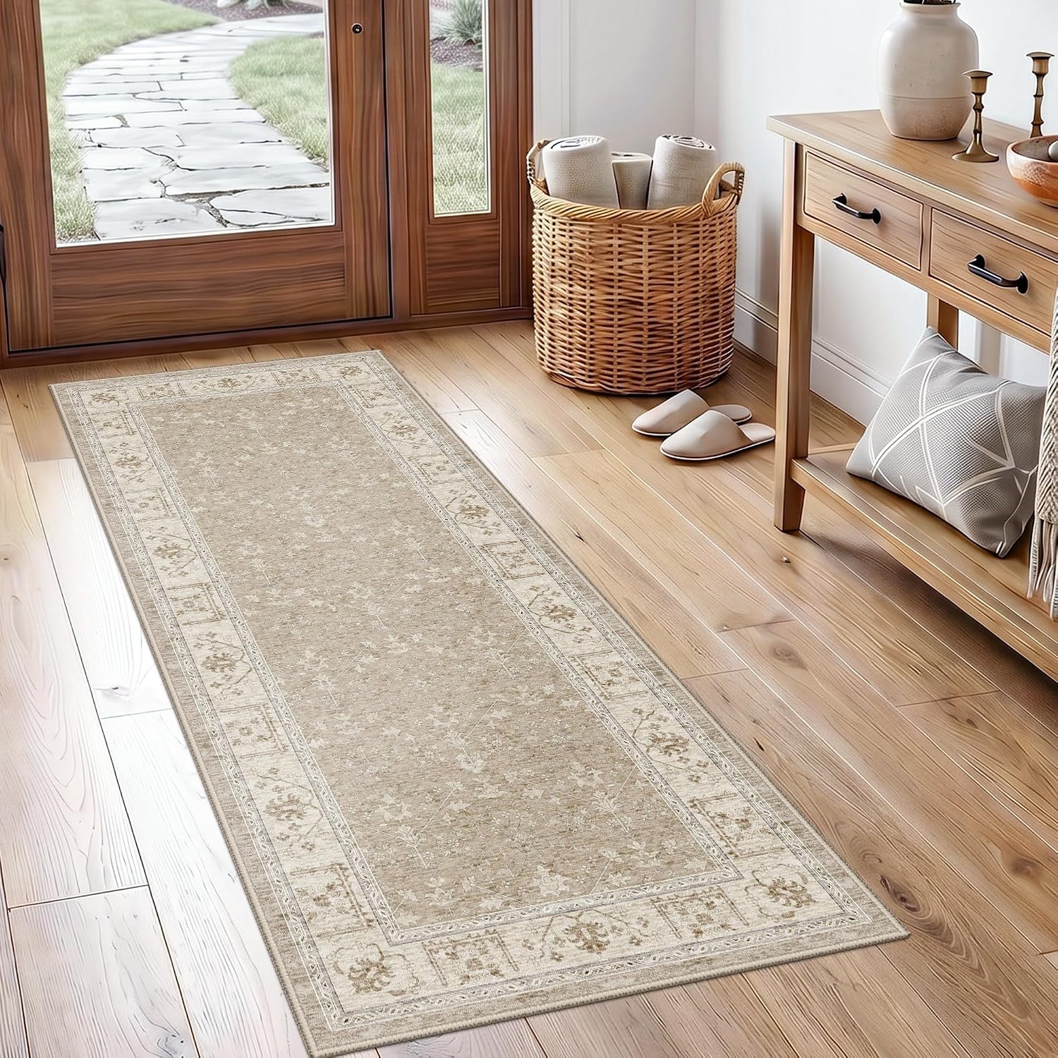 HILORUUG Vintage 2x5 Kitchen Runner Rug: Machine Washable Rug Runner with Non Slip Rubber Backing for Hallway Bedroom Farmhouse Small Throw Thin Floor Mat for Home Decor (2'x5' Beige)