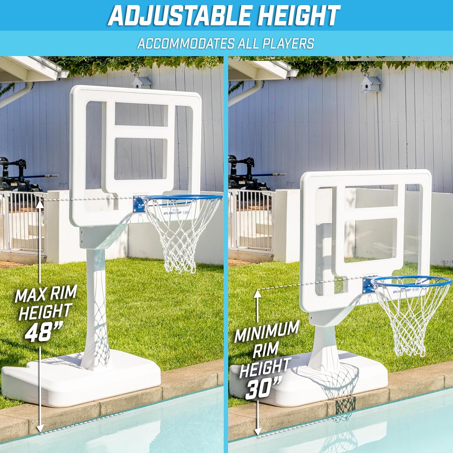 GoSports Splash Hoop Elite - Adjustable Height or Fixed Post - Pool Hoop Basketball Game with Water Weighted Base, Regulation Steel Rim and 2 Pool Basketballs