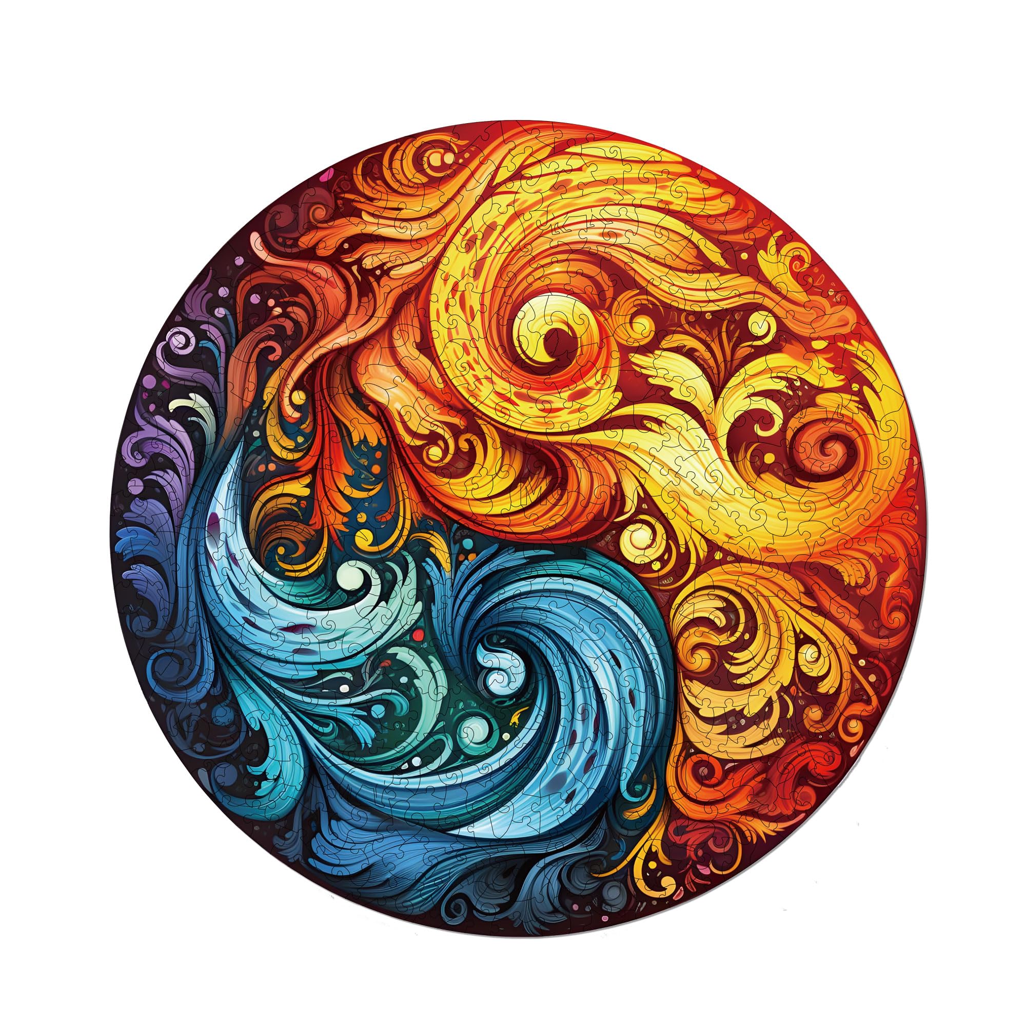 MagicHolz – Holzpuzzle Mandala Feuer und Wasser – rundes Holz Puzzle Ø 47 cm – besondere Geschenkidee für Erwachsene & Kinder – inkl.Premium Holzbox