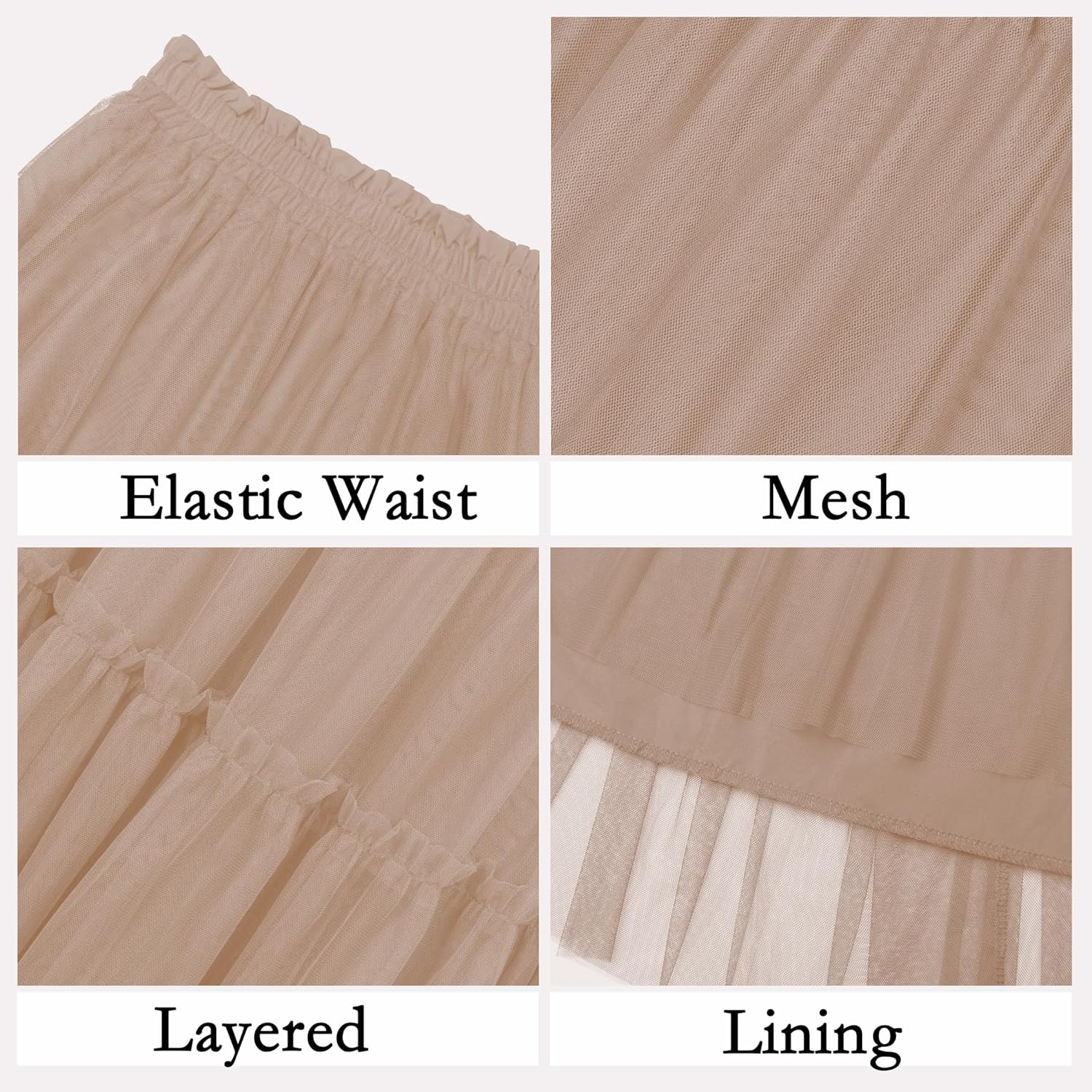 OBBUE Women's Long Tulle Skirt Fairy Ruffle Tiered Layered Midi Skirts A-Line Elastic Waist Tutu Skirt