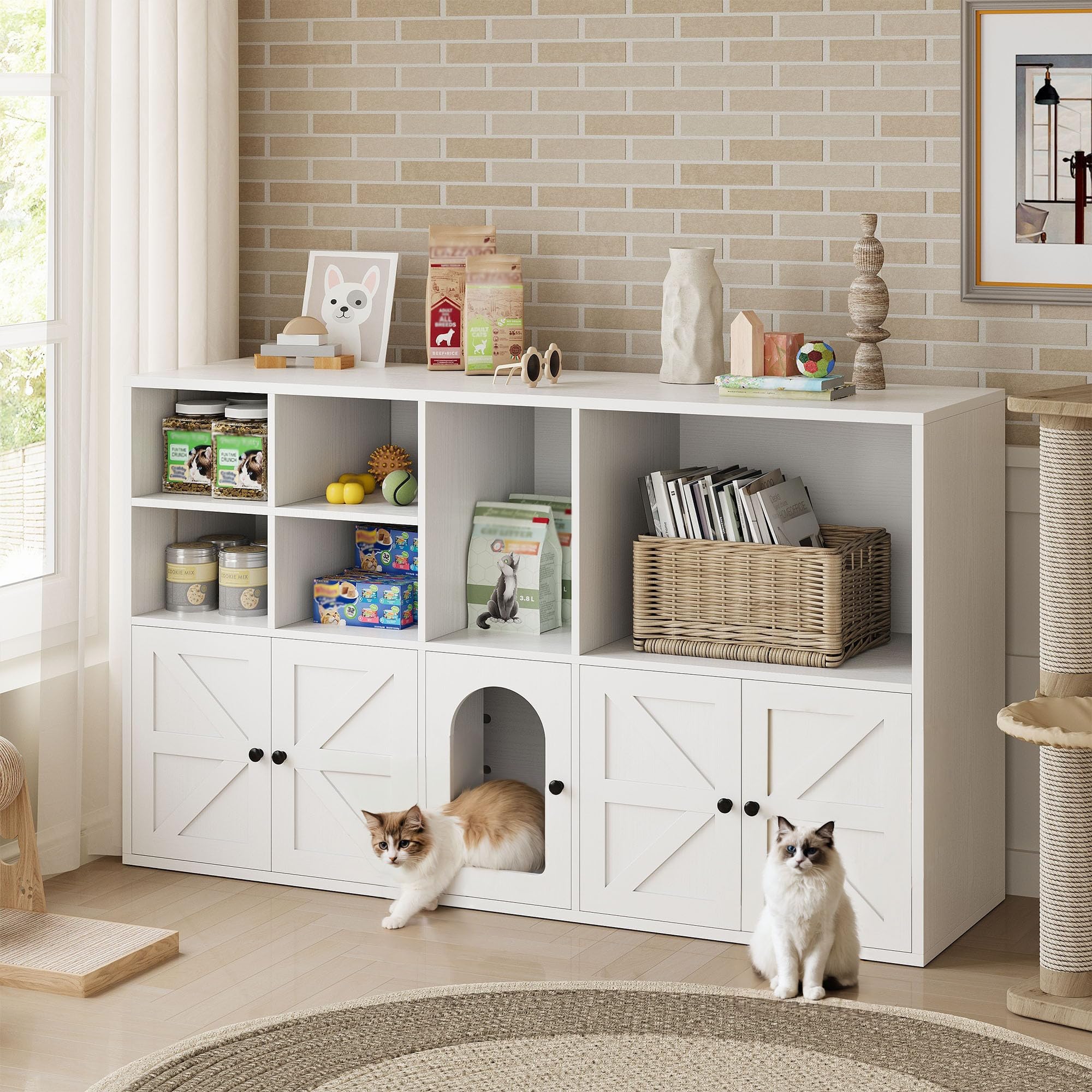 IRONCK Cat Litter Box Enclosure for 2 Cats, Litter Box Furniture Hidden with Double Room and Large Storage Space, Wooden Washroom Furniture, Cat House, White - image 3