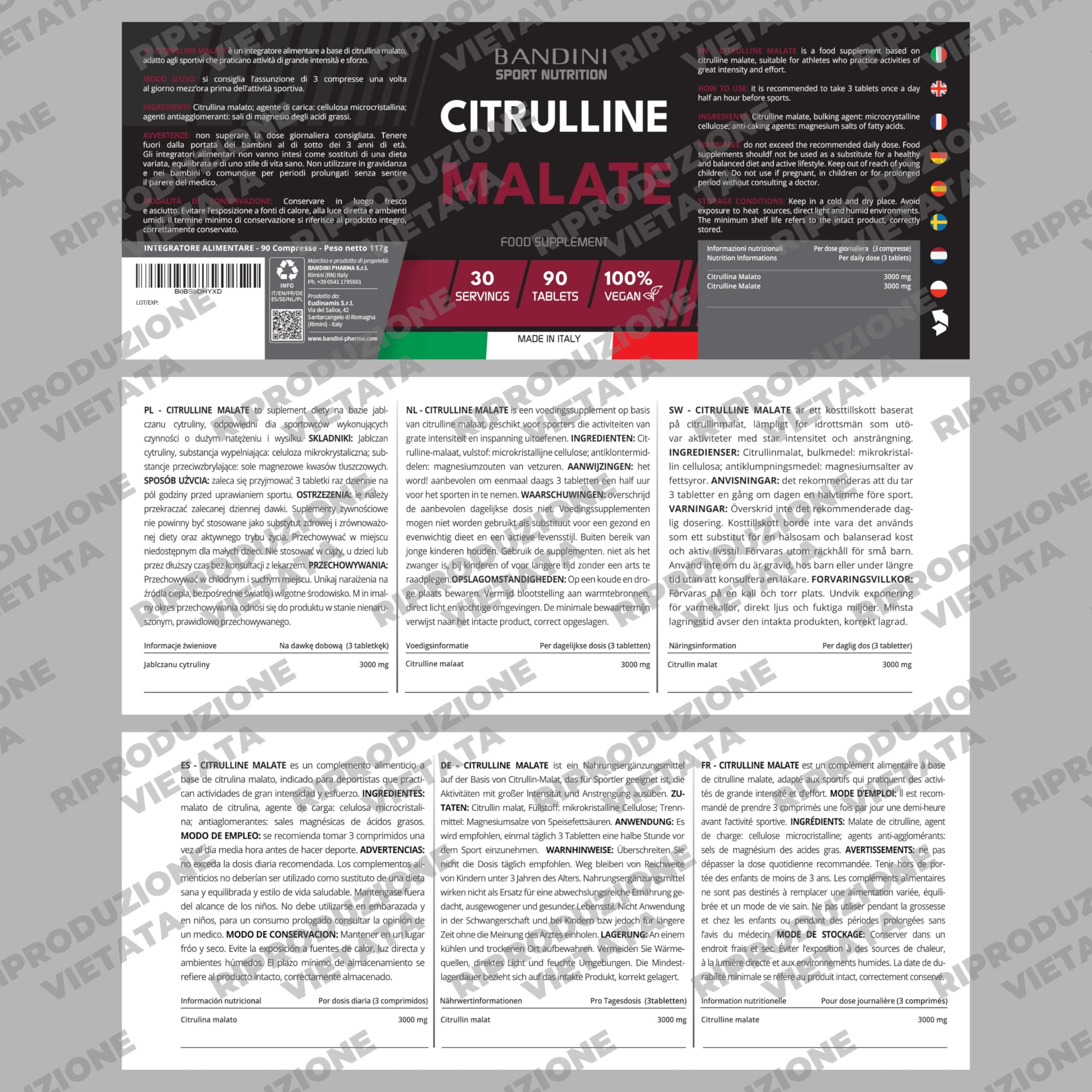Bandini® CITRULLINE MALATE 90 Compresse 3000 mg per Dose Giornaliera - Dosaggio Extra-Elevato (Copertura 1 mese) - L-Citrullina da fermentazione 100% Vegan - Citrullina per Atleti e Culturisti