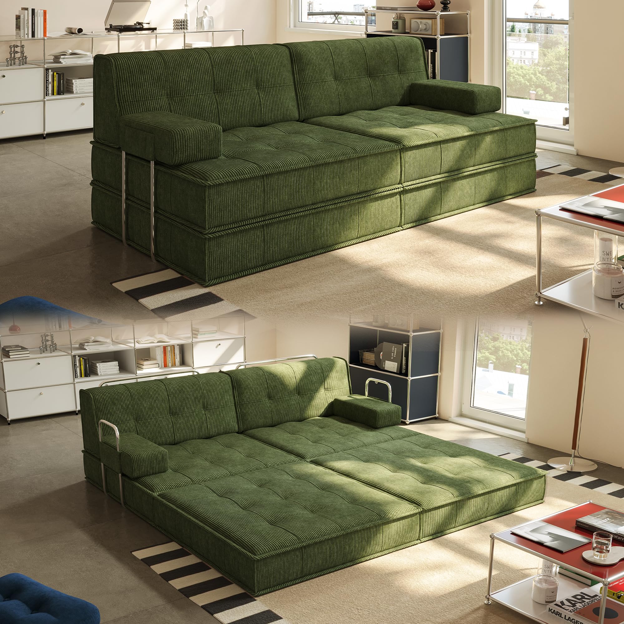Wumagin 6 in 1 Schlafsofa 160x100cm,Klappbare Matratze 200x160cm mit festem Rahmen, bequemer ausklappbarer Futon, 4-Sitzer Gästesofa modularer Loveseat ohne Federkern für Wohnzimmer (Grün) Küche, Haushalt & Wohnen