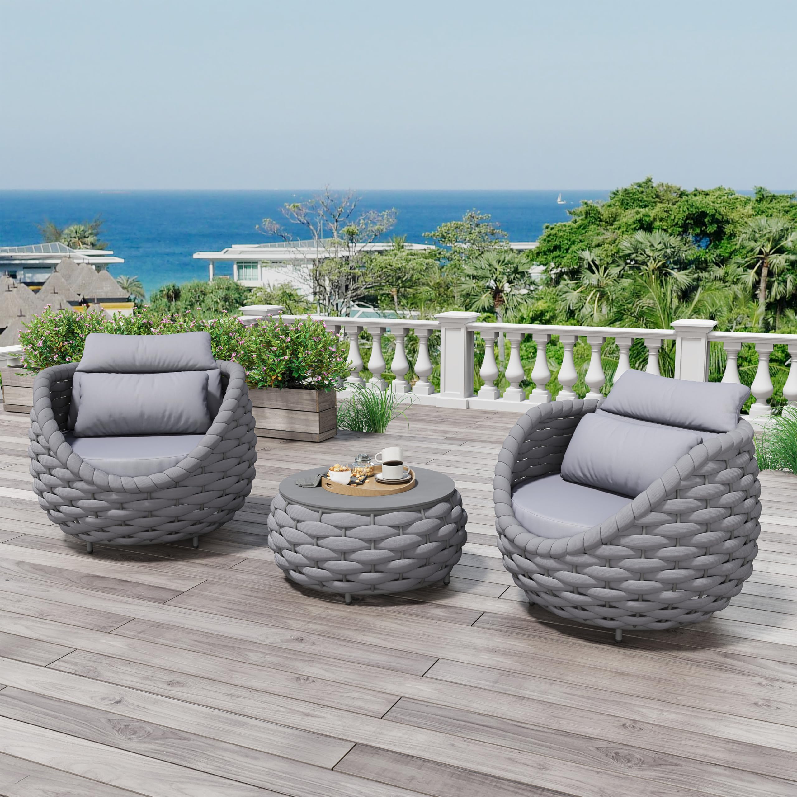 Erotr Front Porch Furniture Set: 3 Pieces Aluminum Patio Conversation Set - Assembled Outdoor Sofa Set - Woven Rope Armchair Couch Set - Modern