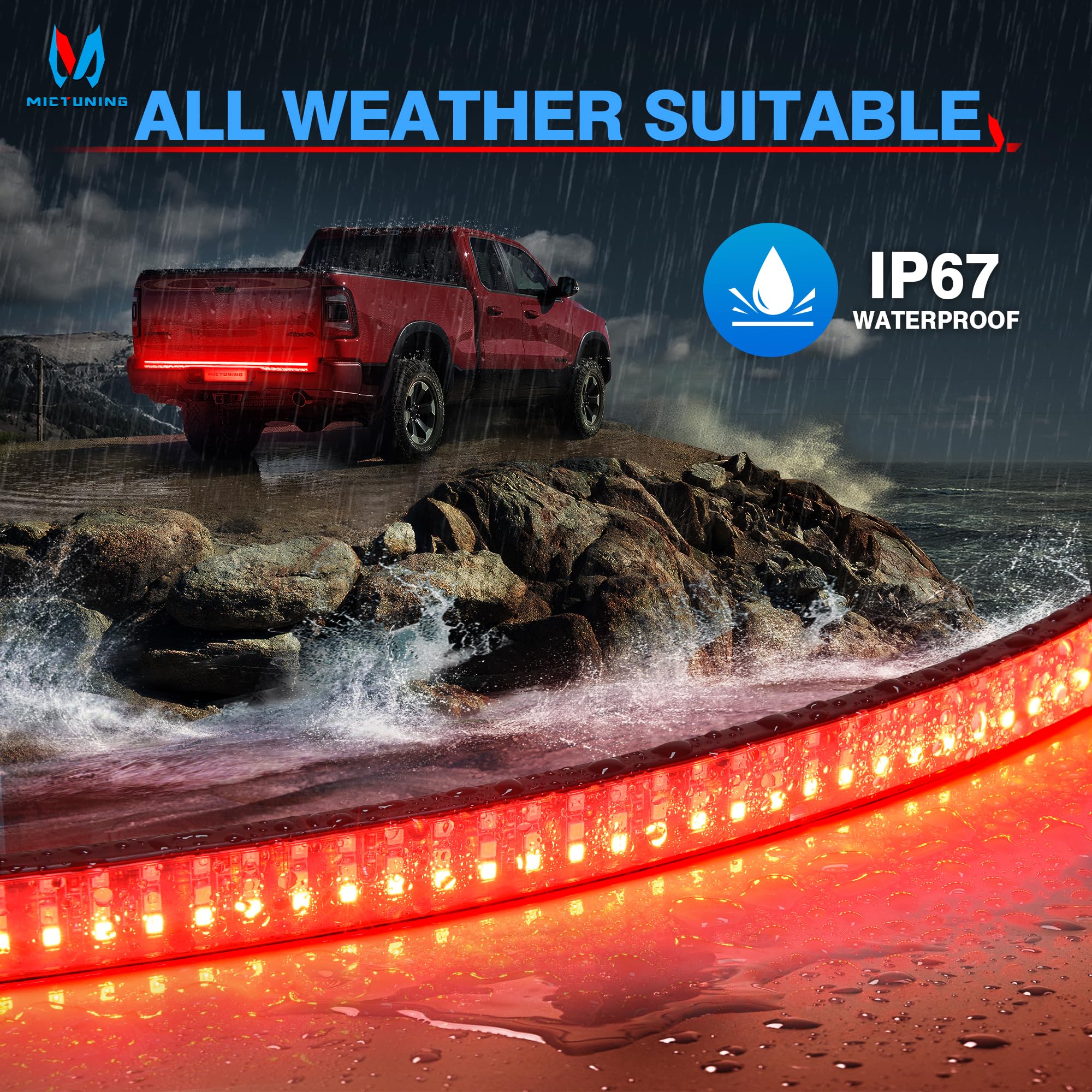 MICTUNING Bande lumineuse LED à triple rangée de 152 cm, 504 LED, étanche, avec connecteur plat à 4 voies, 5 fonctions, clignotant rouge, frein, lumière de courant, feux de recul blancs