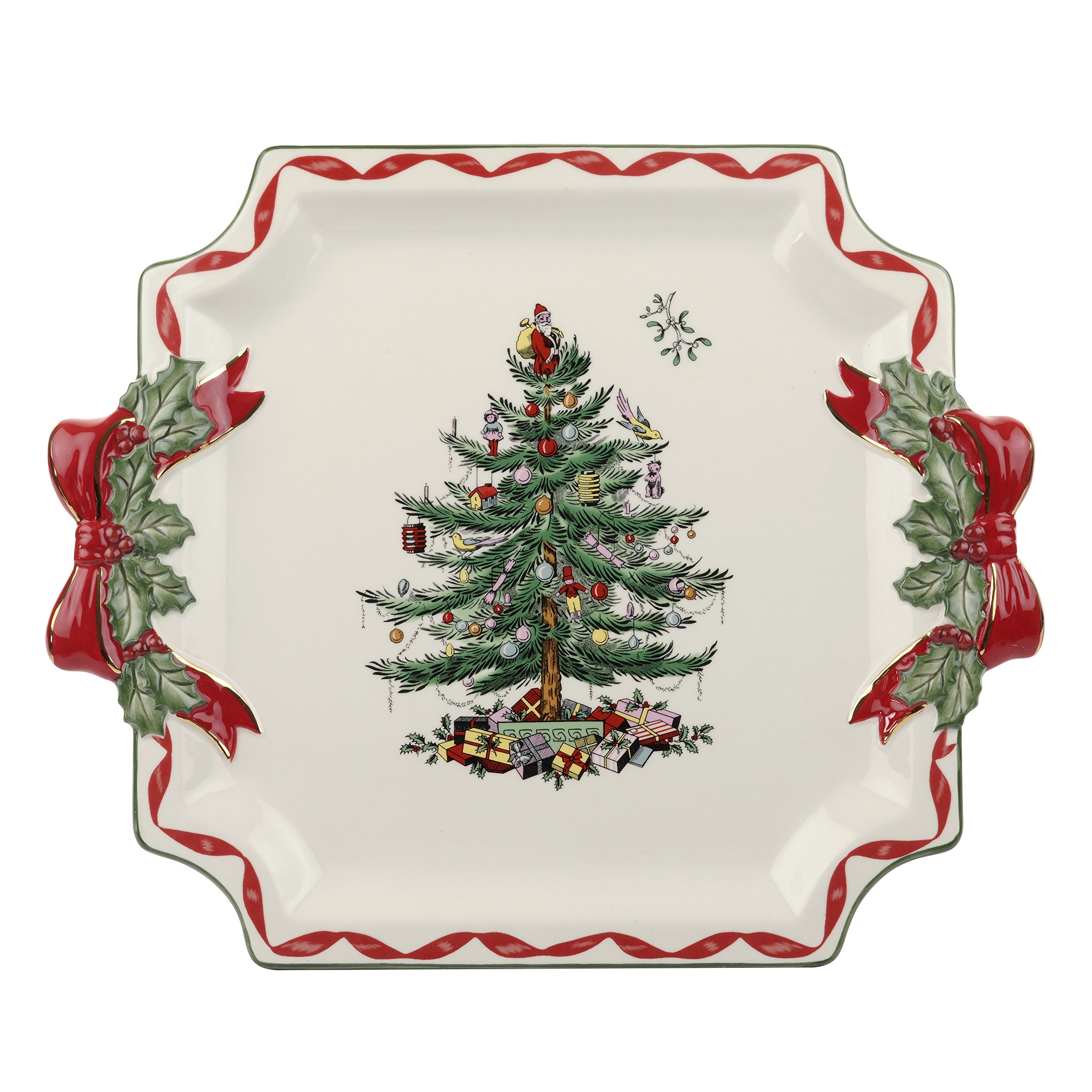 Christmas Tree Ribbons Square Platter with Bow Handles - 11-Inch Holiday Serving Plate fo…