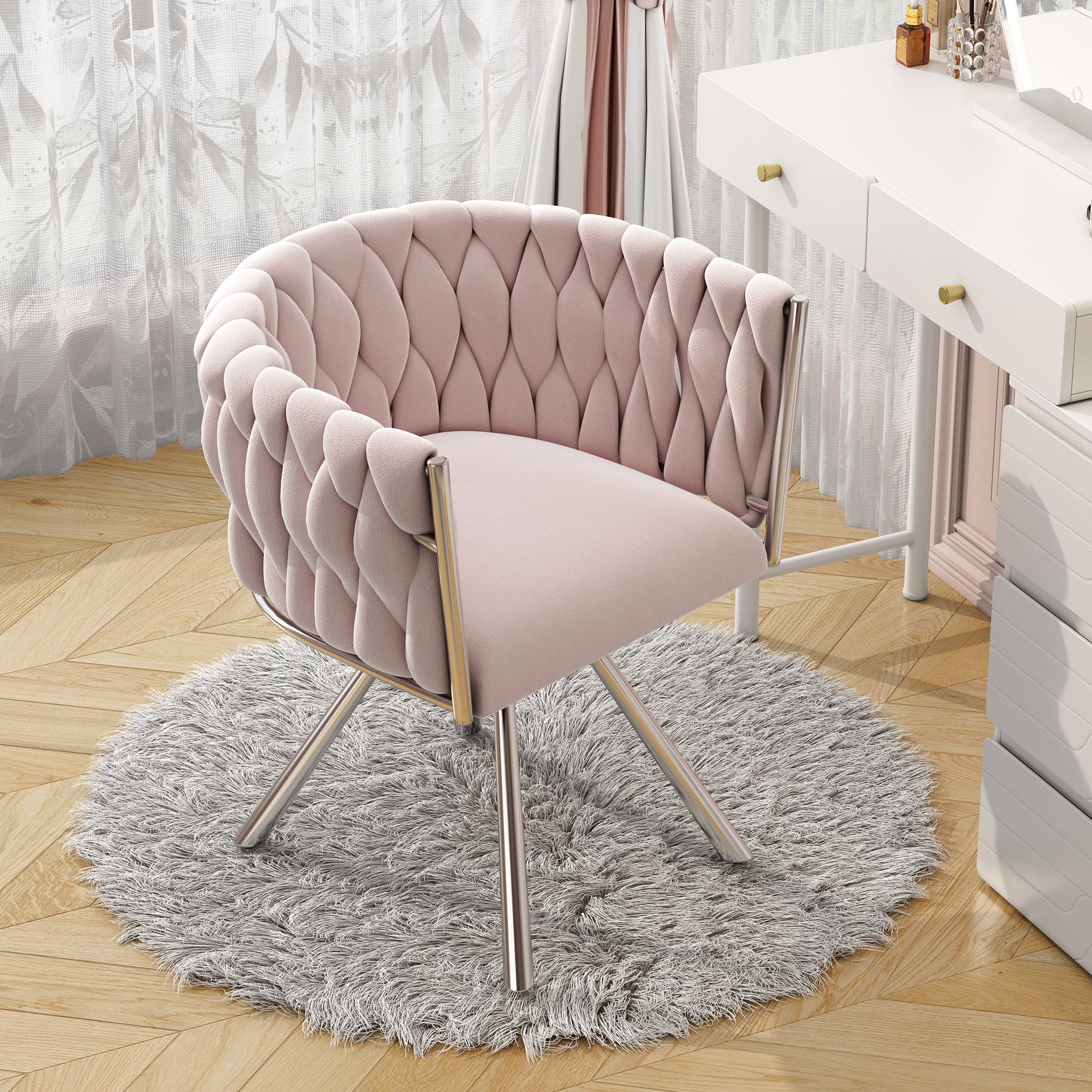 ModernLuxe 360° Swivel Dining Chairs 1PC, Light Luxury Kitchen Chairs with Curved Backrest and Metal Support Legs, Suitable for Living Room Dining Room Vanity, Velvet, Pink