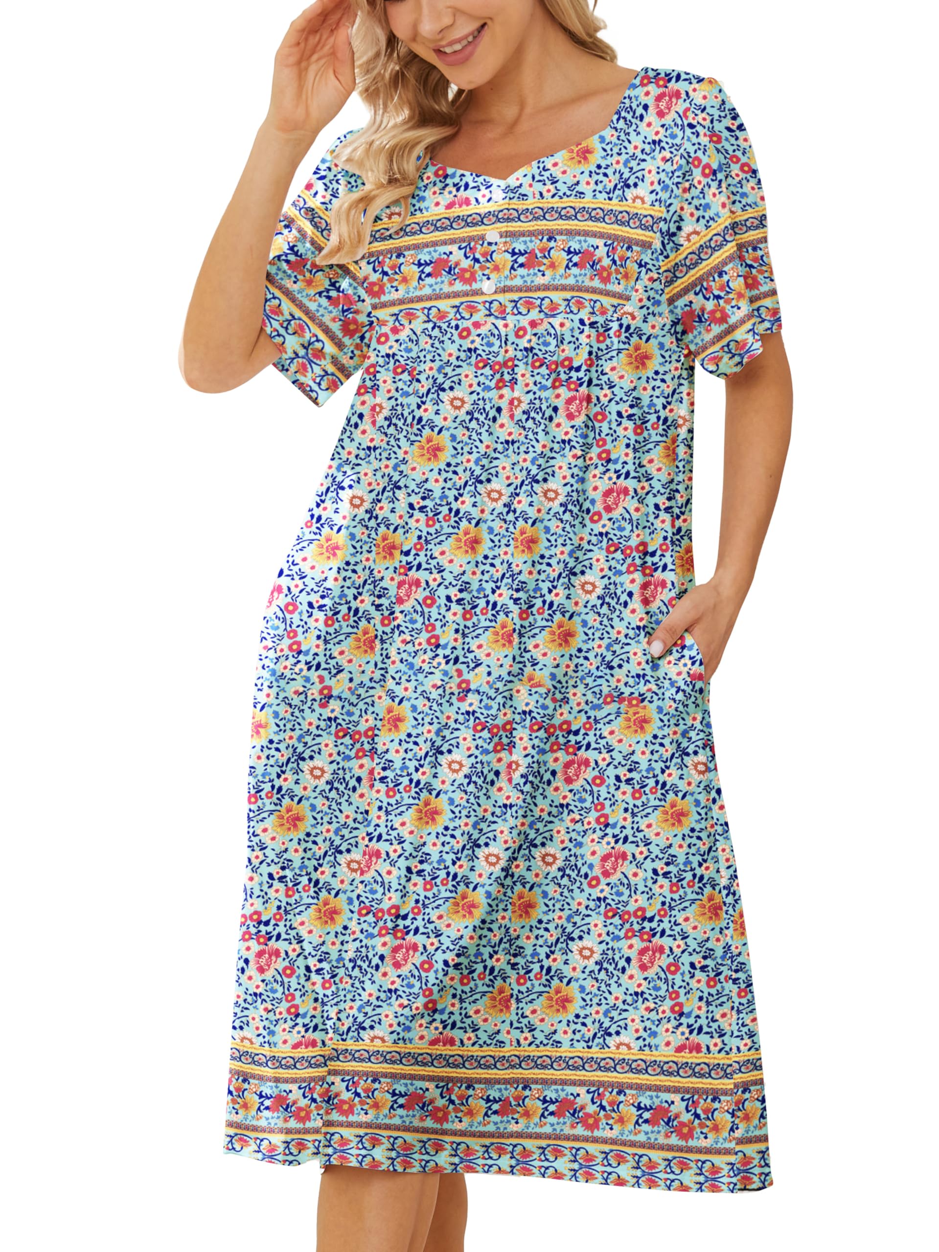 VTUOFC House Dresses for Women with Pockets Floral Cotton Nightgowns Short Sleeve Moo Moos for Women Mumu Moomoo Dress