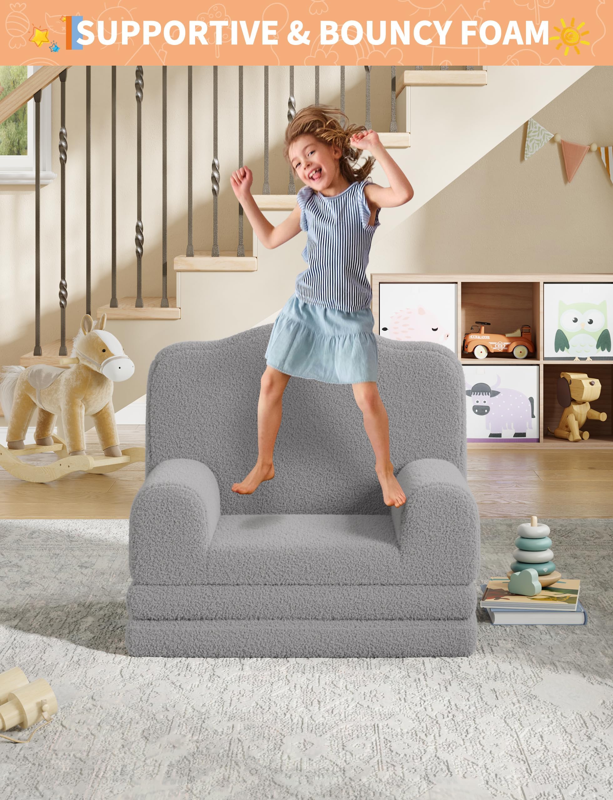 Divano Lettino Bambini 2 in 1 Pieghevole Poltrona Corona Grigio | Divano 2 in 1 pieghevole in morbido tessuto con design a corona. Fodera lavabile, perfetto per gioco e relax