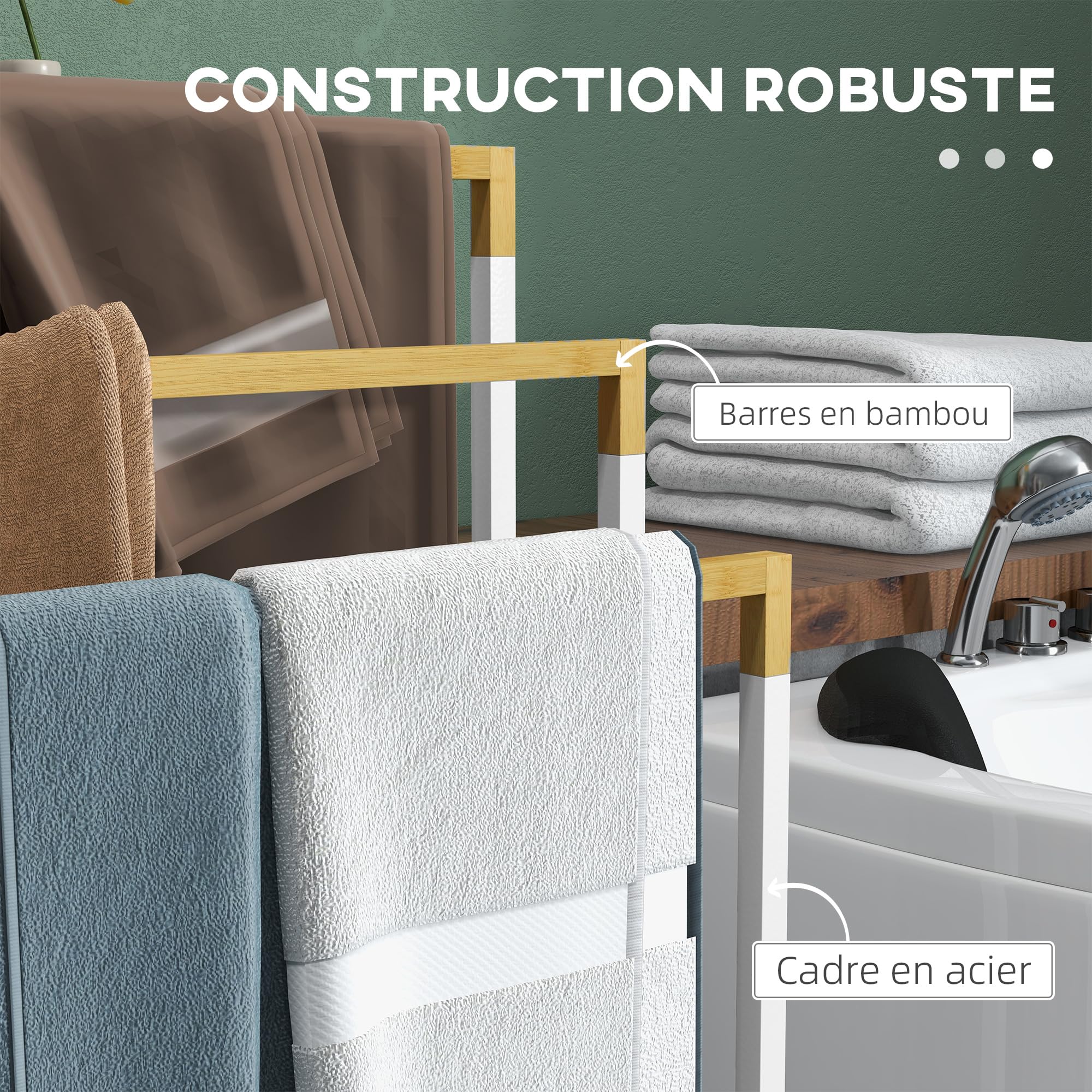 kleankin Porte-Serviettes en Bambou et Acier sur Pieds avec 3 Barres Support pour Serviette 45 x 22,5 x 86 cm - Blanc et Naturel