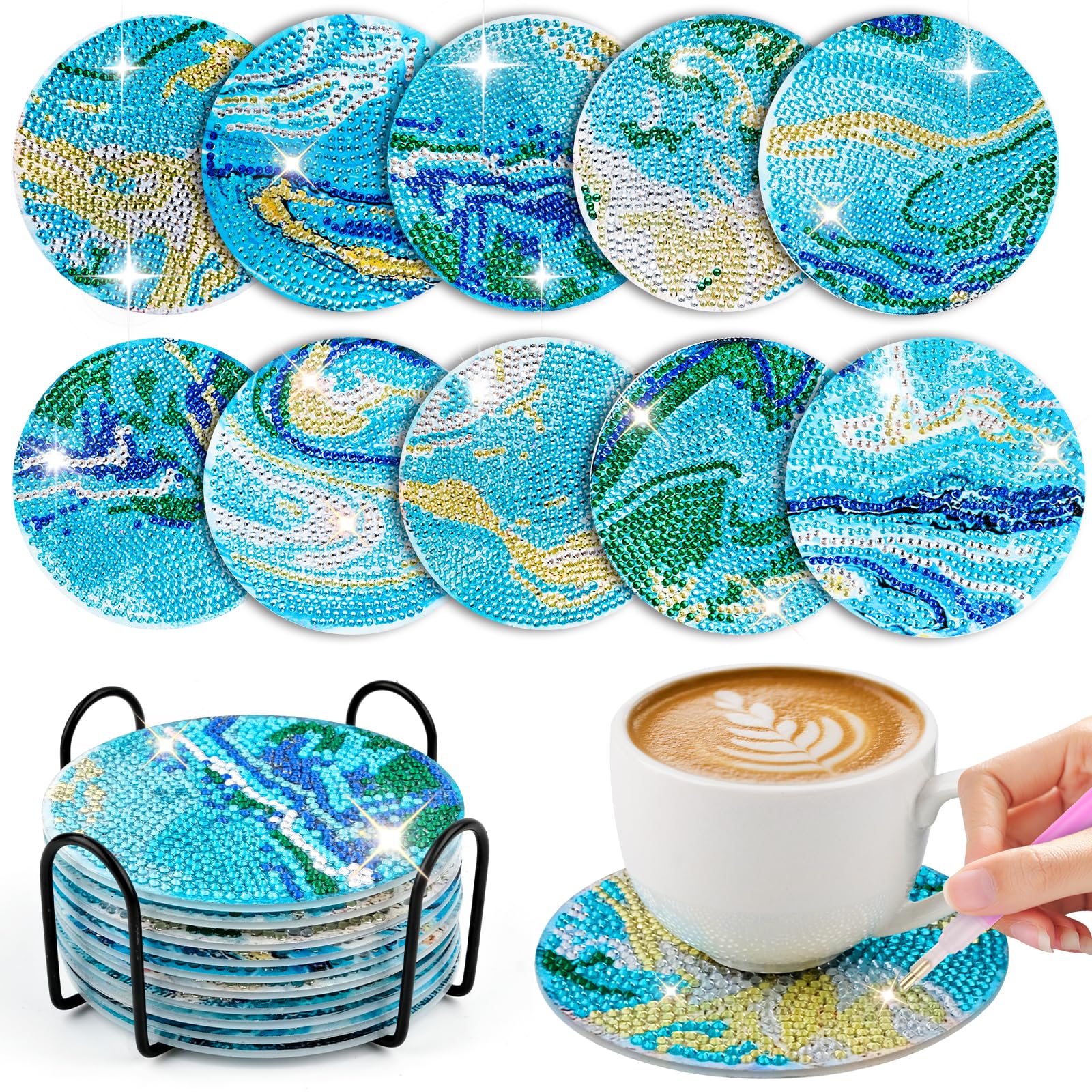 10 Stück Diamond Painting Untersetzer Mit Halter, Diamond Painting Erwachsene zum Basteln, Wiederverwendbare DIY Marine Tassenuntersetzer mit Diamanten für Anfänger, Erwachsene & Kinder