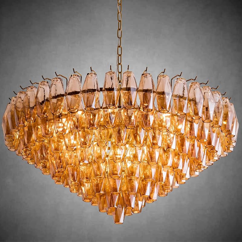 37" Extra Large Chandelier, 14-Light Gold Modern Round Chandelier for Living Room, Tiered Smoke Blown Glass Brass Chandeliers, Hanging Light Fixture for Bedroom, Dining Room, Foyer, Entryway