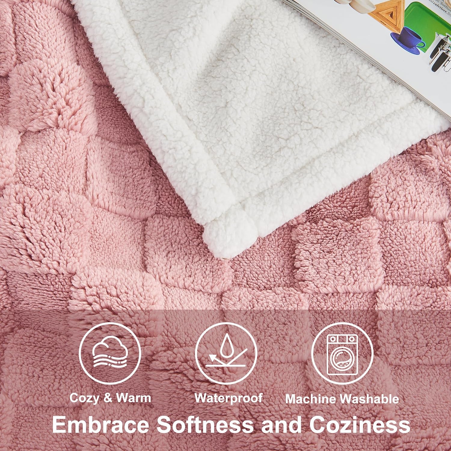 Checkered Waterproof Blanket for Bed Couch Sofa Car, Fluffy Soft Dog Blanket with 3D Jacquard Grid Pattern, Reversible Leakproof Pet Blankets for Dogs Cats Puppies, Dusty Pink, 60"x80" - Image 5