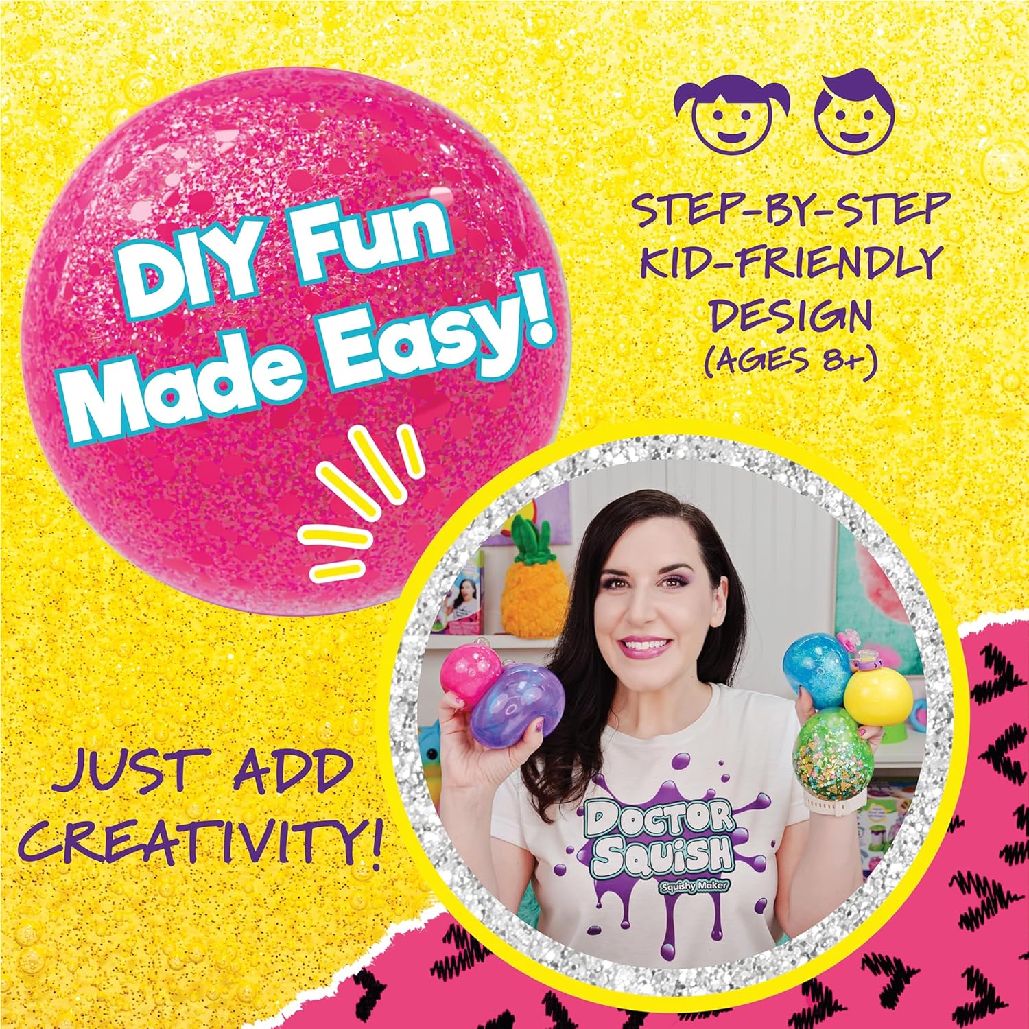 Doctor Squish: Squishy Maker, New Shiny Glitter Station Maker, Decorate with Confetti, Sparkles & Colored Ink, Variety of Sizes, Just Add Water to Make Your Own Slime, Amazon Exclusive, For Ages 8+