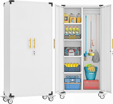 erosoei 71" Broom Storage Cabinet, Cleaning Tool Storage Cabinet, Garage Utility Storage with Hooks and Hanging Rods, Heavy Duty Garden Tool Organizer, for Home, Garage, Laundry Room, Gym, Workshop