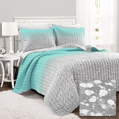 Miniatura 10 de Lush Decor Juego de edredón de 5 piezas con estampado metálico degradado con purpurina, matrimonialqueen, aguamarina y gris