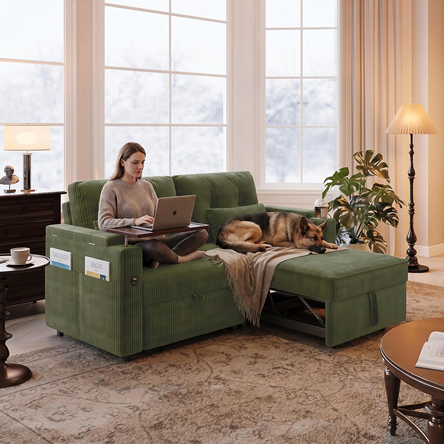 KEIKI 73″ Corduroy 3-in-1 Sleeper Sofa with Charging Ports
