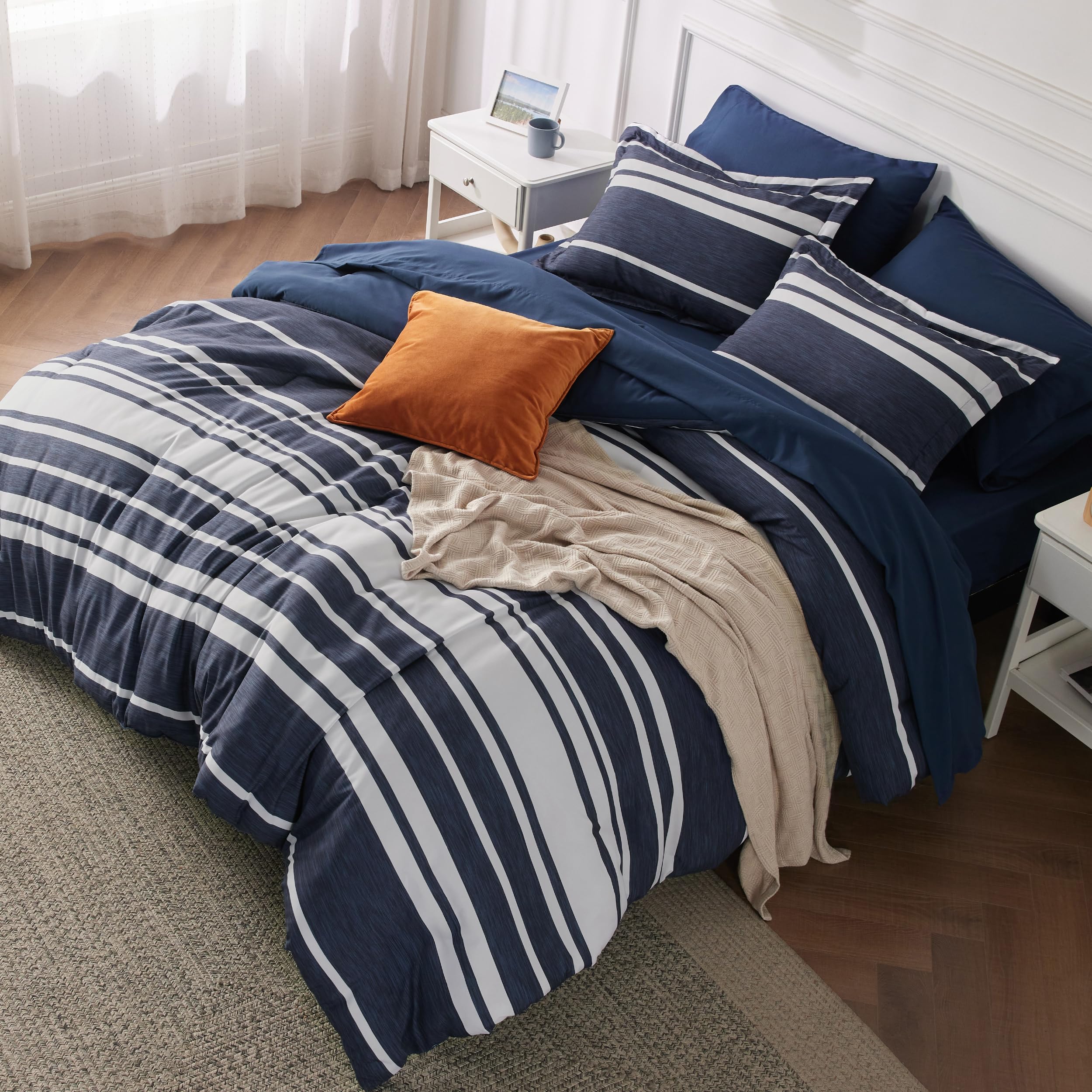 Bedsure Full Comforter Set 7 Pieces, Blue Striped Bedding Set for All Seasons, Reversible, Cationic Dyeing Bed in a Bag with Comforter, Sheets, Pillowcases & Shams
