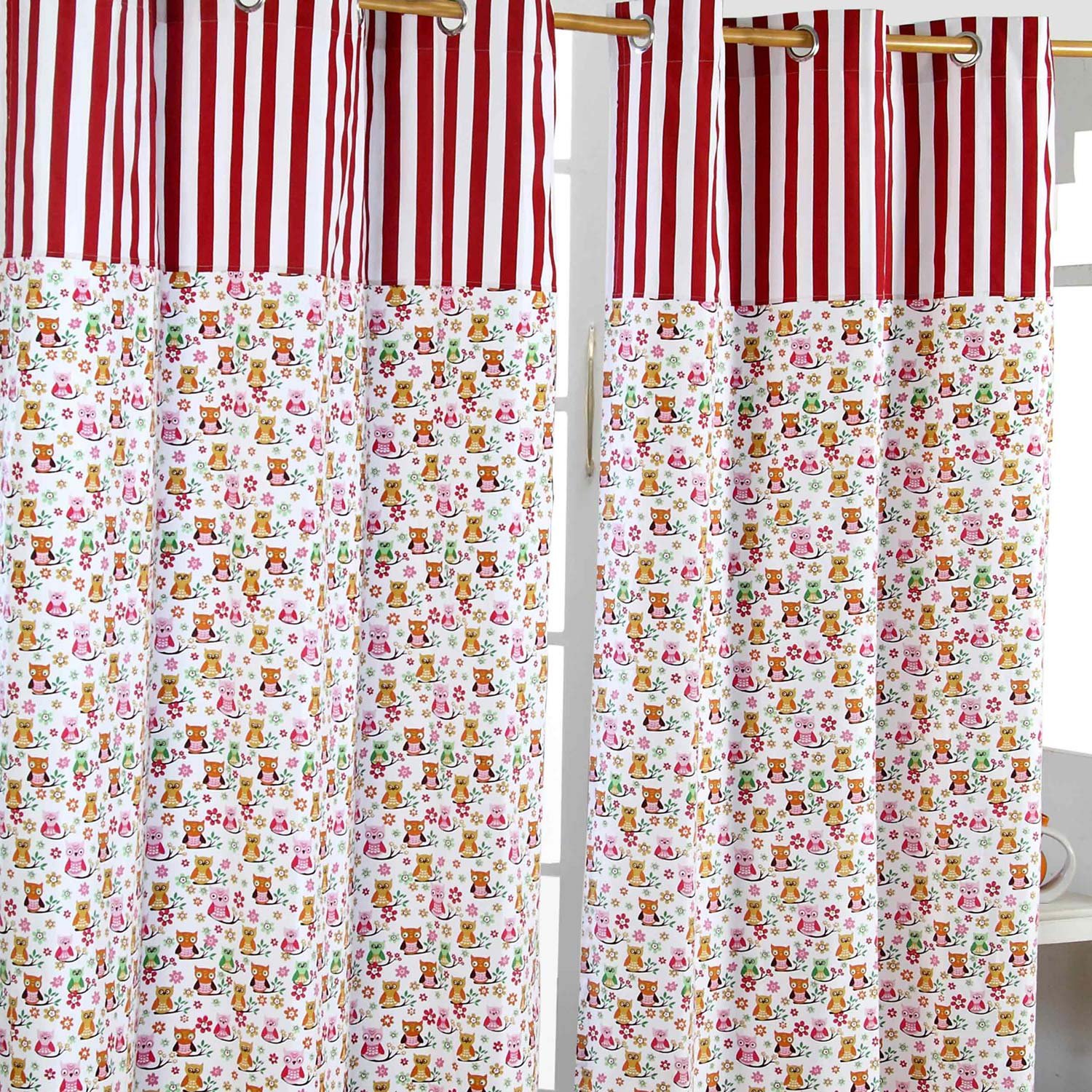 HOMESCAPES 100% Cotton Unlined Eyelet Curtain Pair - Owls - Red Pink White - 137cm (54") Wide x 228cm (90") Drop