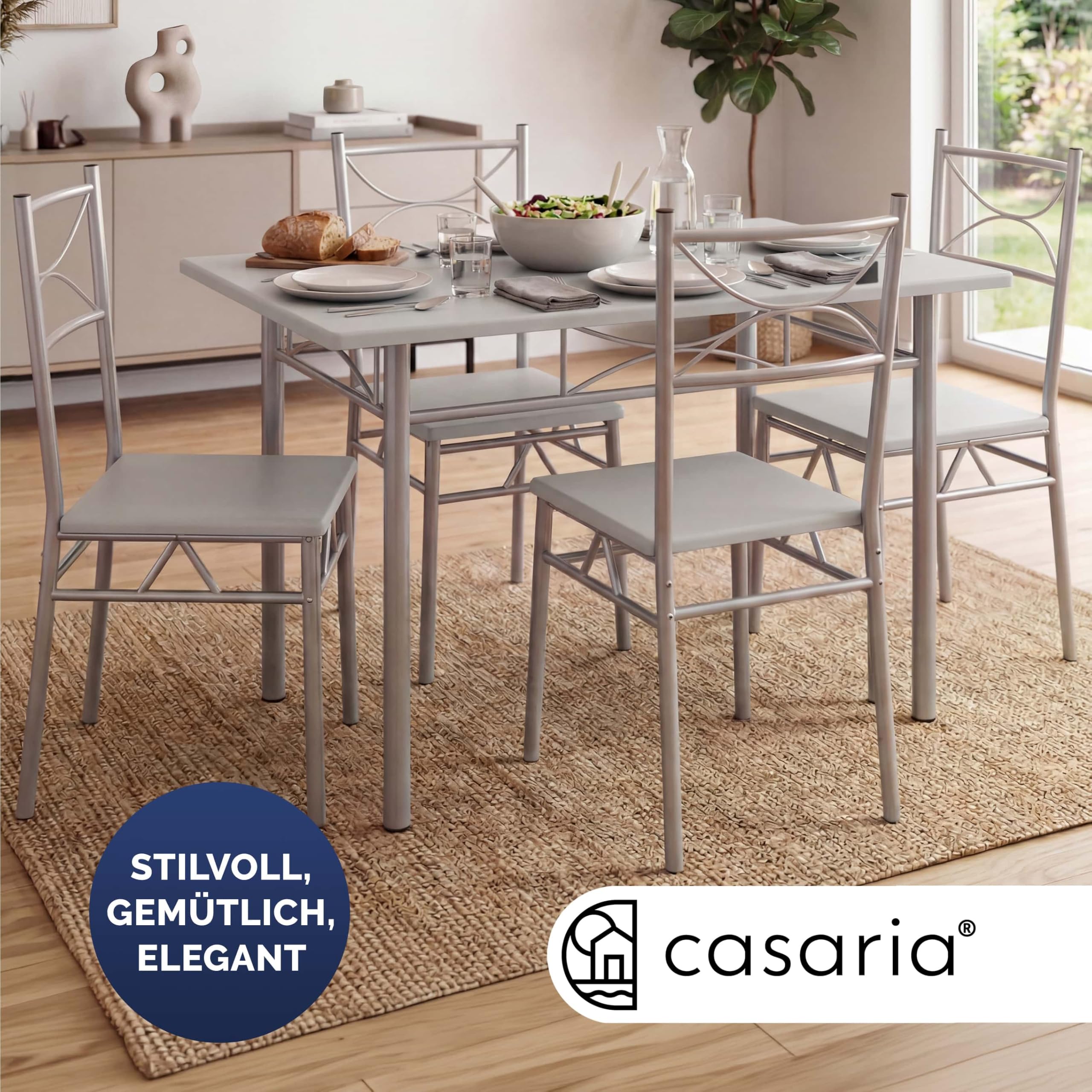 Casaria® Esstisch mit 4 Stühlen Holz 5-TLG Set Metall 110x70cm Industrial Esszimmer Küche Stühle Tisch Möbel Essgruppe Sitzgruppe Paul Weiß