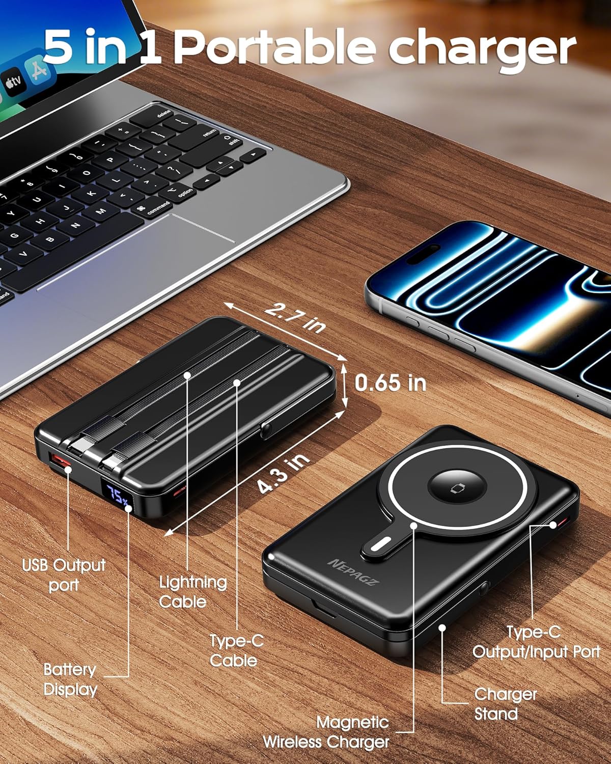 for Magsafe Portable Charger, 10000mAh Magnetic Power Bank with Foldable Stand, PD 22.5W Fast Charging with USB-C Cable, Wireless Portable Charger for iPhone 17/16/15/14/13/12 Series, Black - Image 5