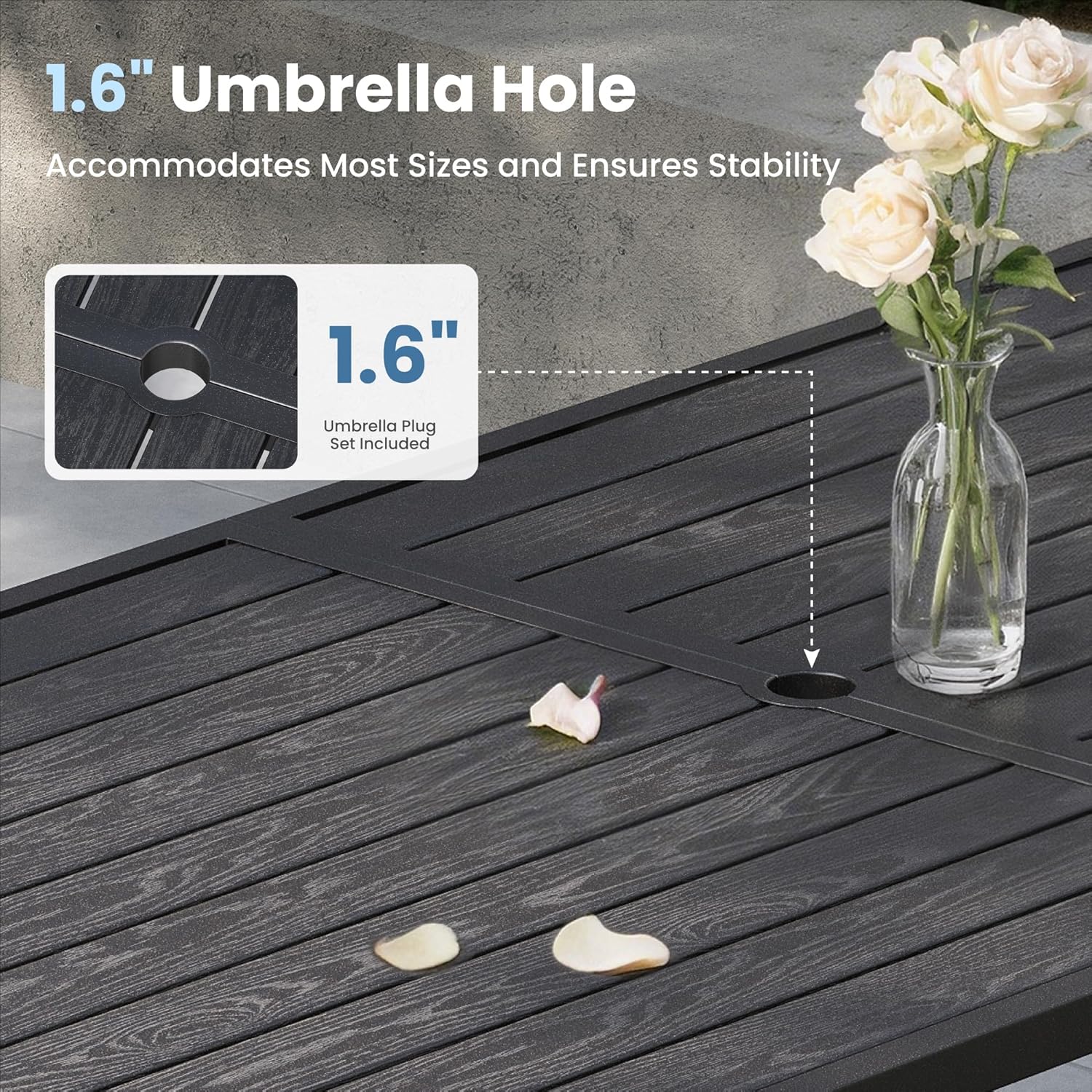 PHI VILLA Outdoor Metal Table Bench Set for 4, 70" Long Dining Set with Umbrella Hole & Wood Grain Pattern, 530" Capacity Strong Furniture for Patio, Deck, Porch, Yard - Black