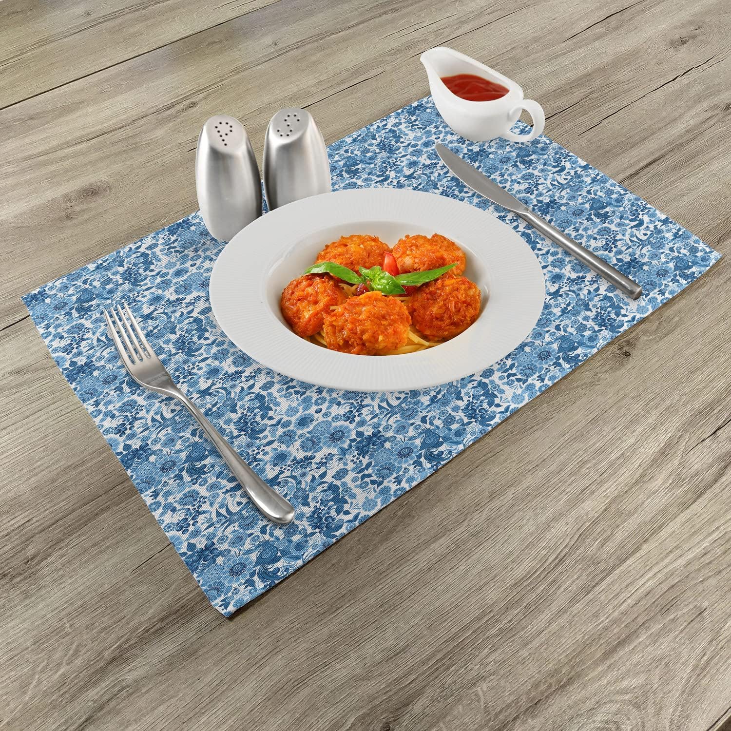 Lunarable Blue Floral Place Mats Set of 4, Traditional Composition with Birds Flowers Oriental Ethnic Flowery, Washable Fabric Placemats for Dining Table, Standard Size, Dark Blue White Blue