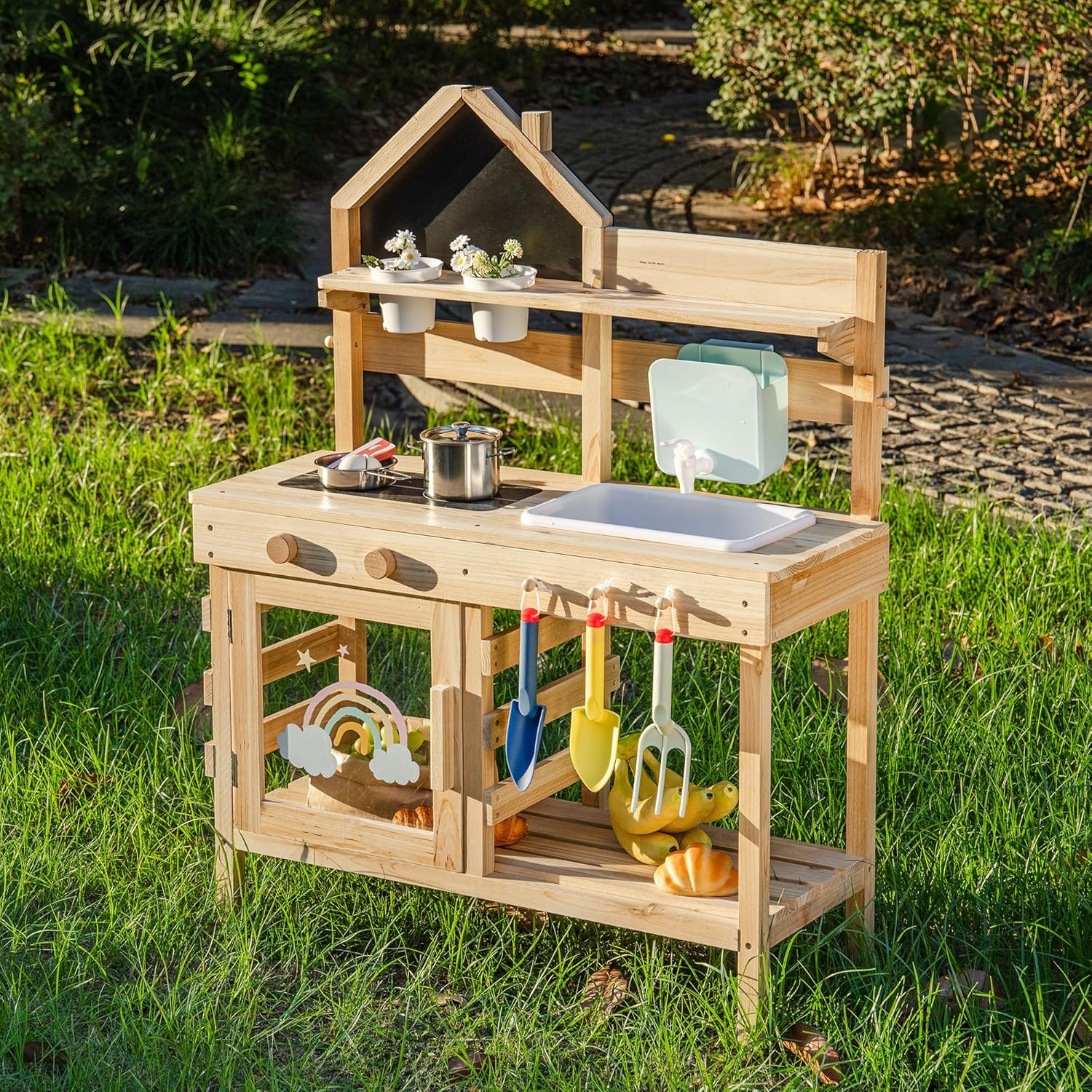ROBOTIME Outdoor Mud Kitchen for Kids – Wooden Play Kitchen with Accessories, Faucet & Water Tank, 3 Garden Toy Tools & Chalkboard, Kids Kitchen Playset Pretend Play Set, Gift for Ages 3+