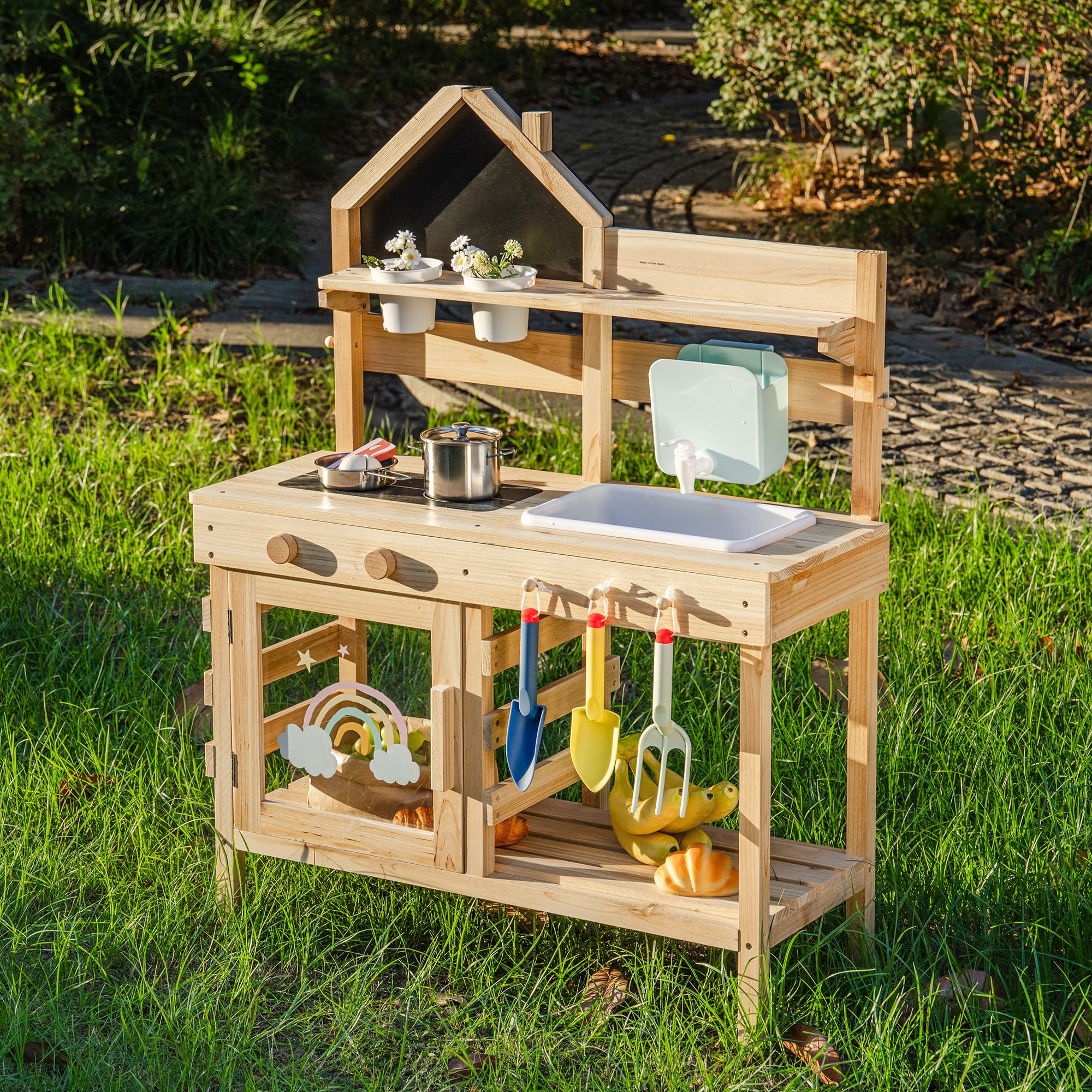 ROBOTIME Kinder Matschküche aus Holz mit Spüle, Tafel, Herd, Wasserhahn, Kochgeschirr & Stauraum – Outdoor Spielküche für Jungen & Mädchen ab 3 Jahren