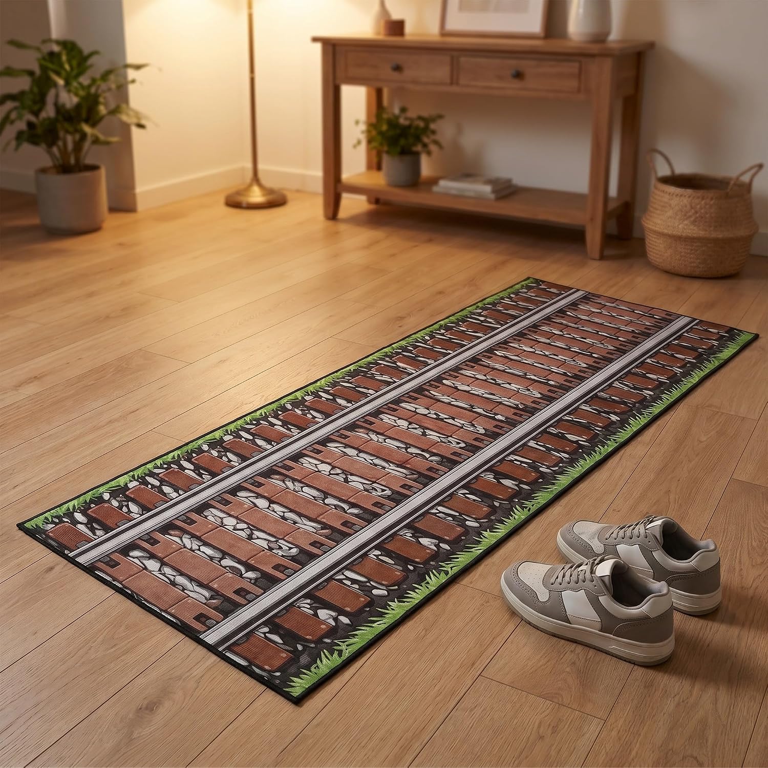 Toddmomy Railroad Track Aisle Rug - 5ft X 20 Inch Polyester Fabric Hallway Floor Runner for Christmas Party Decorations, Novelty Train Track Themed Birthday Supply