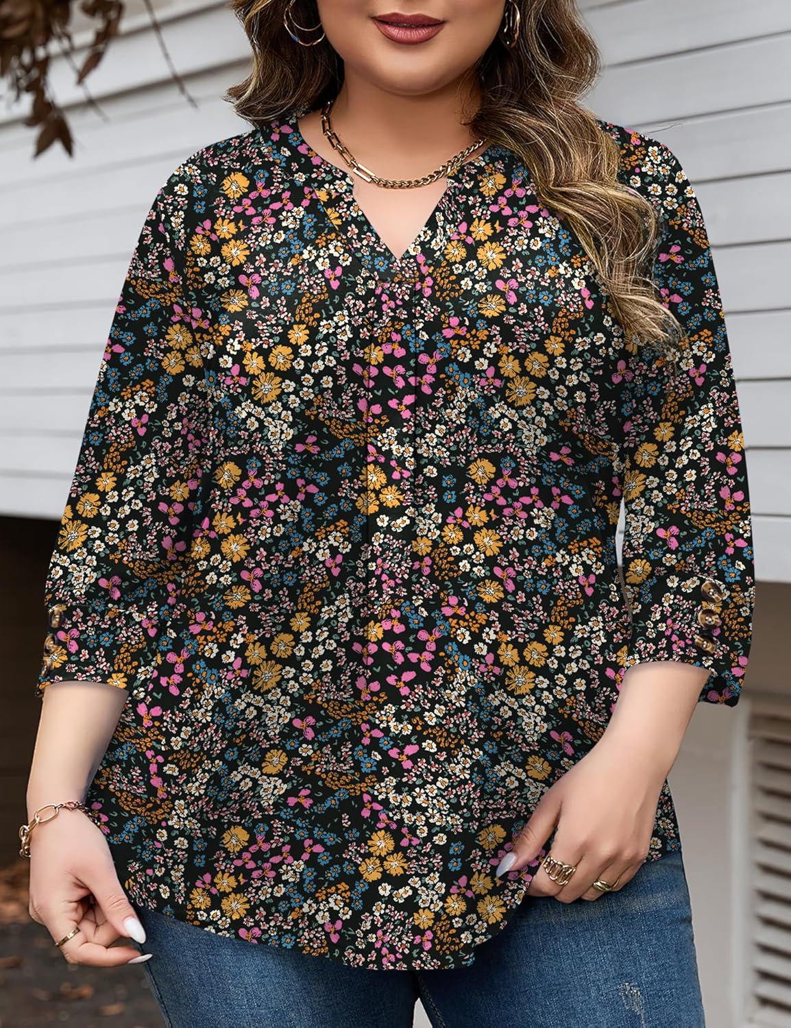 TFSDOD Womens Plus Size Tops 3/4 Length Sleeve Womens Tops V Neck Blouses Pleated Tunic Plus Size Fashion (1X-5X) - Image 2