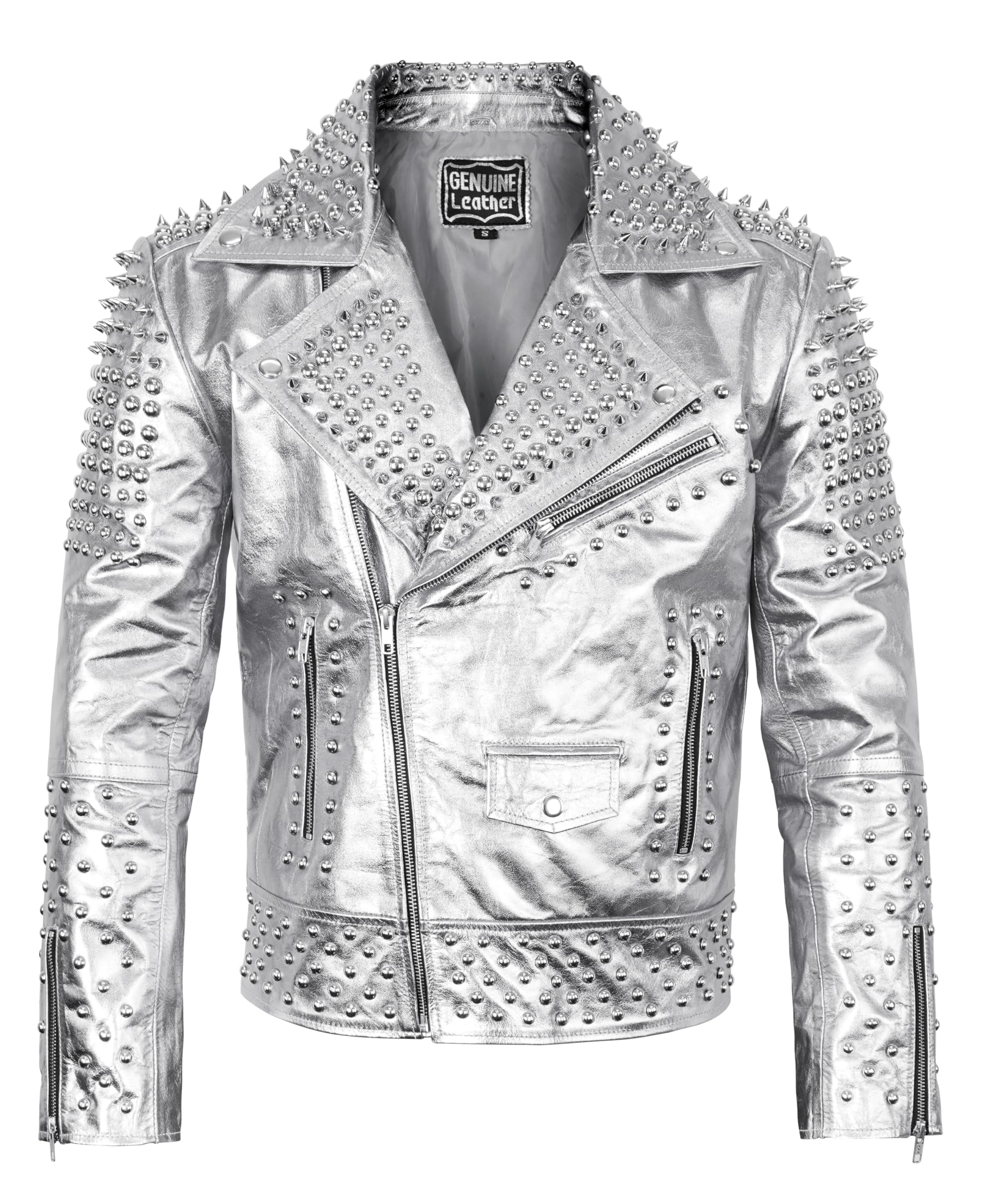 Men's Studded Cowhide Leather Biker Jacket - Punk Rock Spiked Brando Coat
