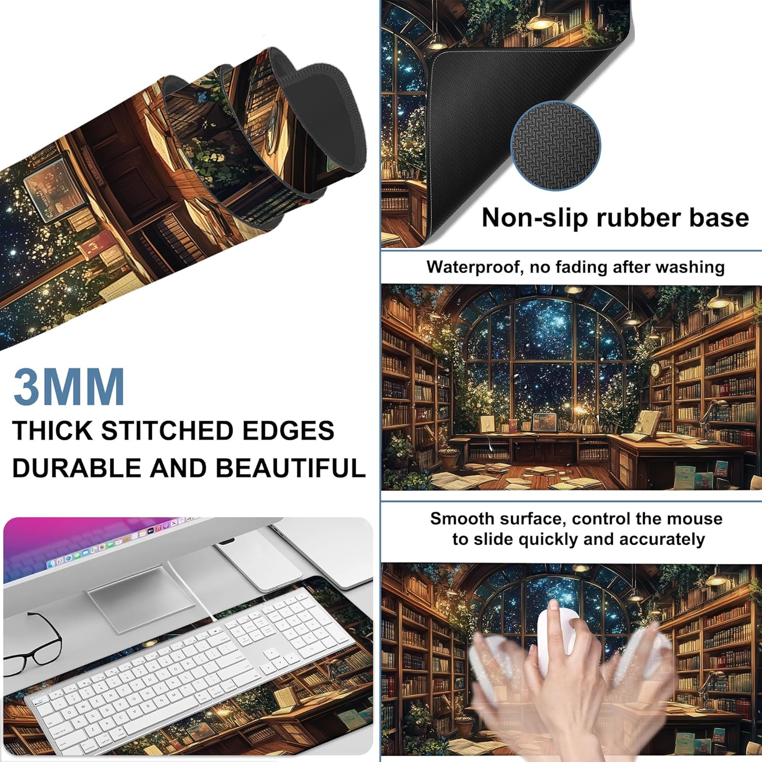 an Old Library Gaming Mouse Pad 3mm Thick Stitched Edge Waterproof Non-Slip Large Computer Keyboard Mouse Mat,Suitable for Office Entertainment Decorative Desk Pad 35.4 x 15.7 Inches - Image 2