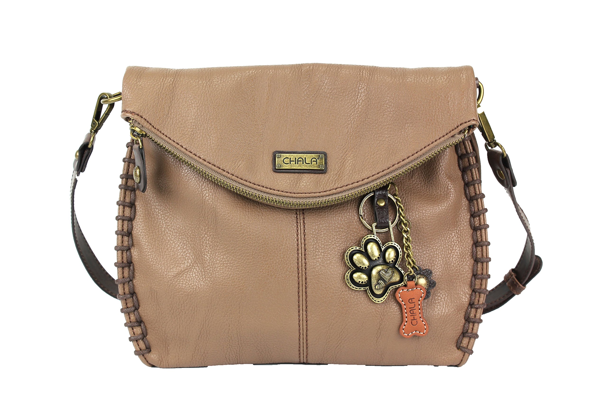 CHALA Charming Crossbody Bag with Zipper Flap Top and Metal Chain - Light Brown - Paw Print
