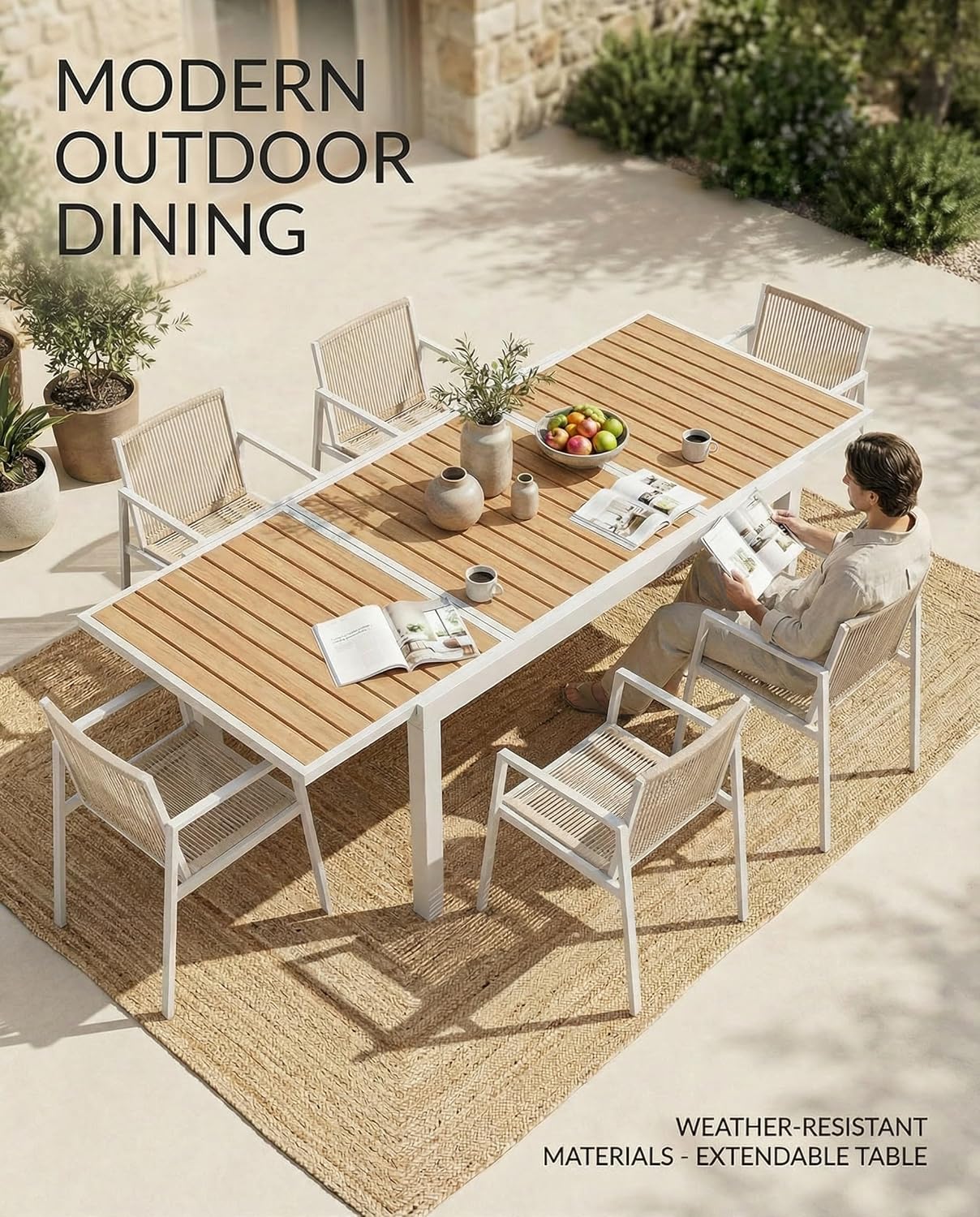 ZANDOR Expandable Outdoor Dining Set for 4-6-8,Patio Table and Chairs Set with Wood Top for Garden,Backyard,Porch,55"-82.7" Extendable Aluminum Outdoor Table Set with 6 Chairs,White