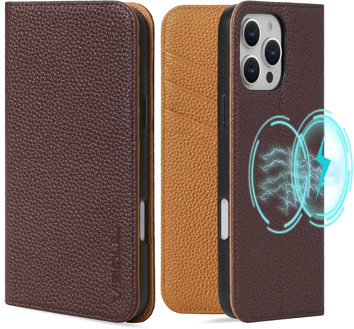 VISOUL Pebbled Real Leather Wallet Case for iPhone 16 Pro With Card Holders, Kickstand, Shockproof Folio Compatible With iPhone 16 Pro (6.3")-Coffee+Brown