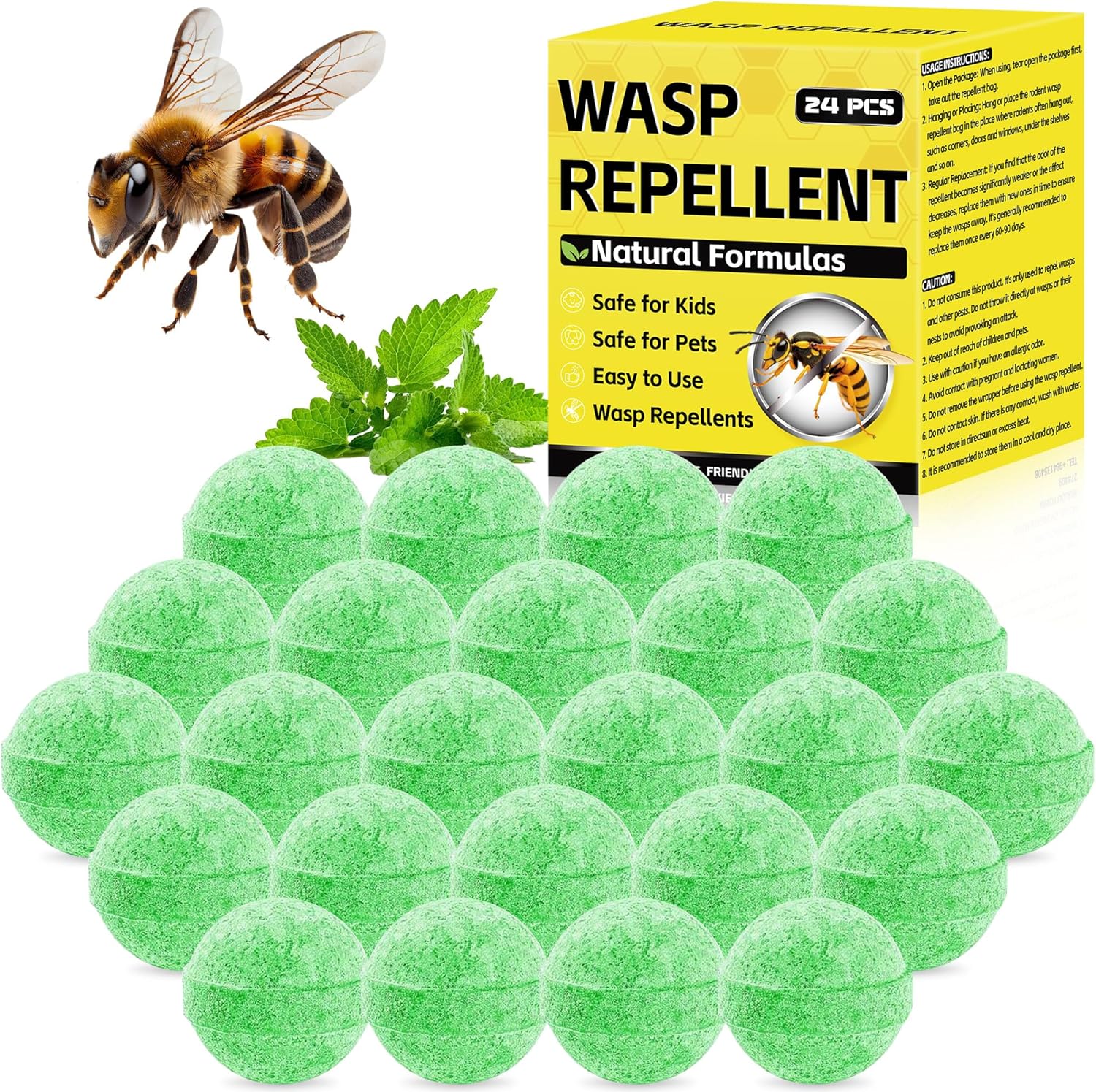 24PCS Wasp Repellent Balls, Natural Peppermint Oil Bee Rodent for Indoor & Outdoor Home Kitchen, Natural Pest Control, for Pet and Kids Safety, Repels Bee, Yellowjacket, Hornet, Wasp, Mud Dauber