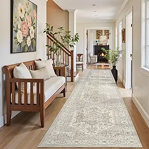 Madane Hallway Runner Rug 2x12, Long Washable Runner Rugs 12ft with Rubber Backing, Non Slip Carpet Runner, Vintage Rug Runners for Kitchen Laundry Room Entryway (Beige/Brown, 2'x12')